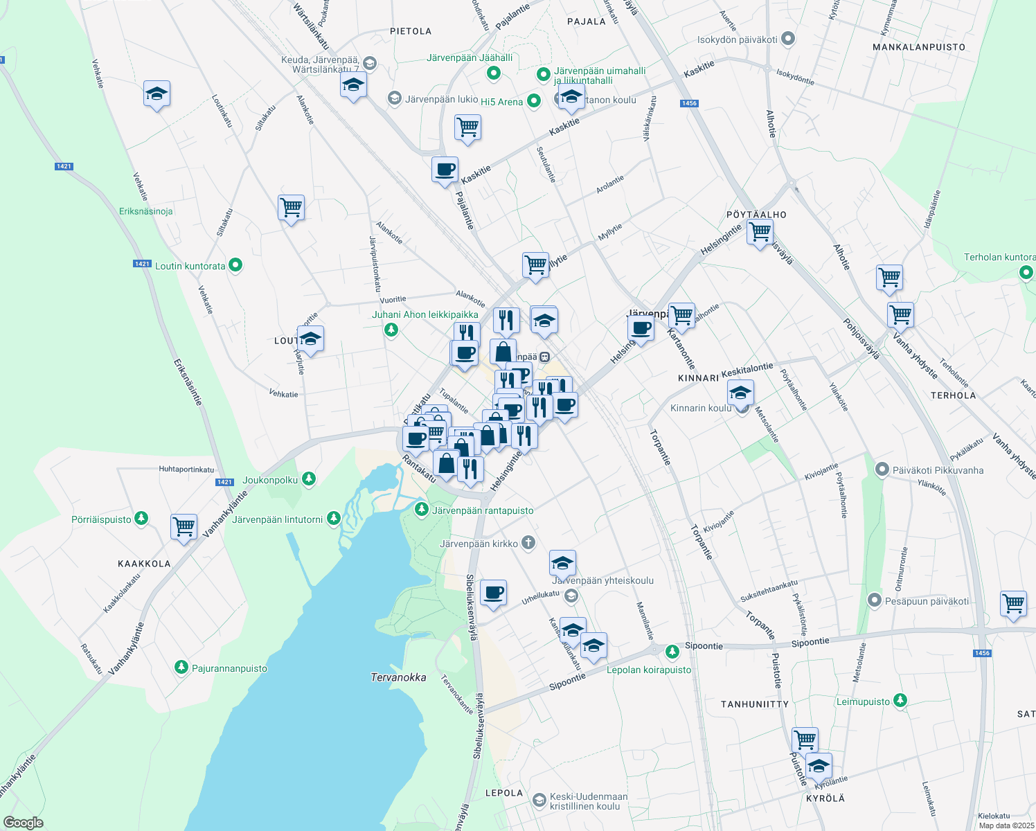 map of restaurants, bars, coffee shops, grocery stores, and more near 12 Sibeliuksenkatu in Järvenpää