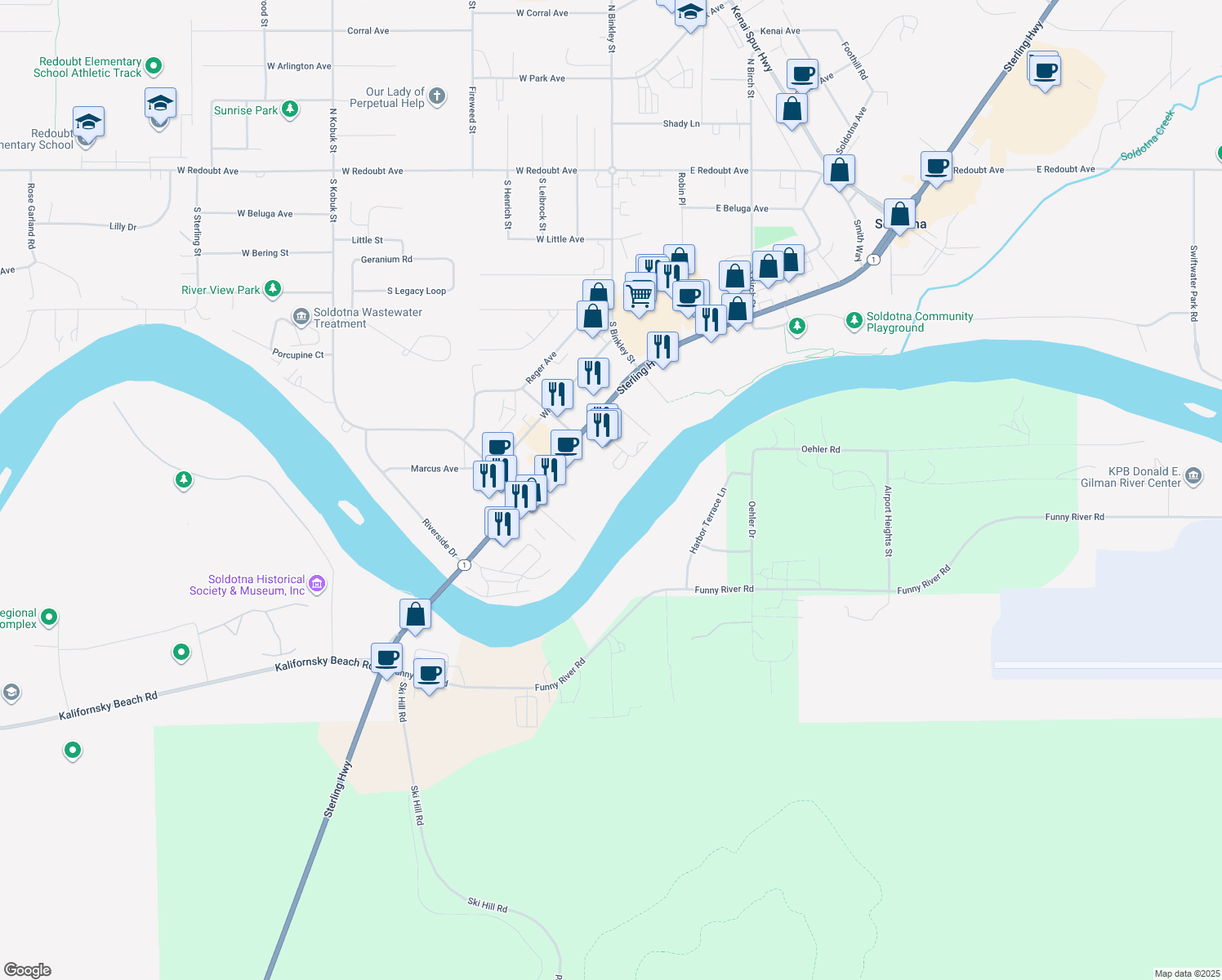 map of restaurants, bars, coffee shops, grocery stores, and more near 376 Lovers Ln in Soldotna