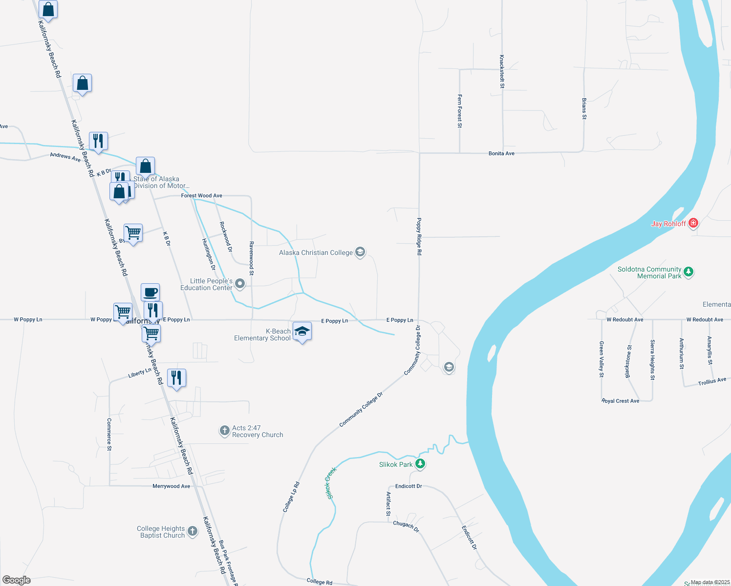 map of restaurants, bars, coffee shops, grocery stores, and more near 46736 East Poppy Lane in Soldotna