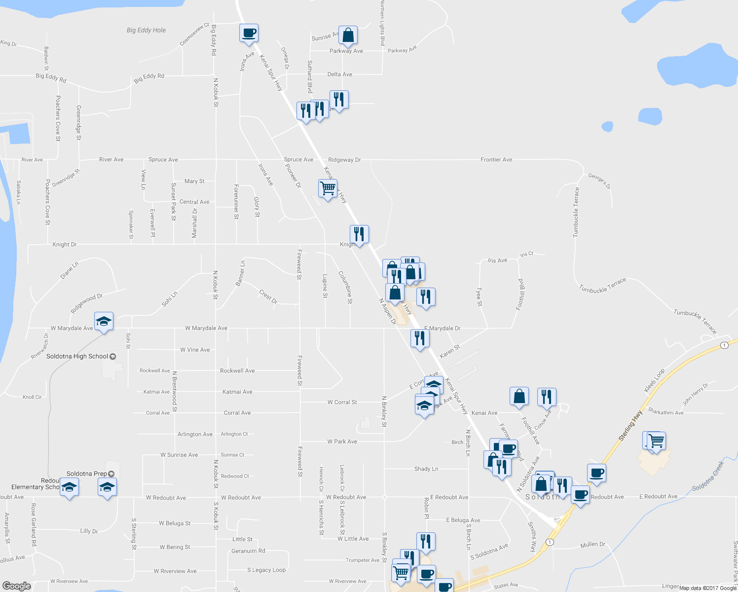 map of restaurants, bars, coffee shops, grocery stores, and more near 321 Columbine Street in Soldotna