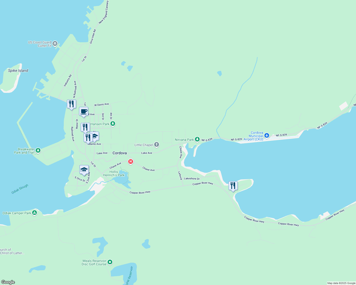 map of restaurants, bars, coffee shops, grocery stores, and more near 611 Cedar Street in Cordova