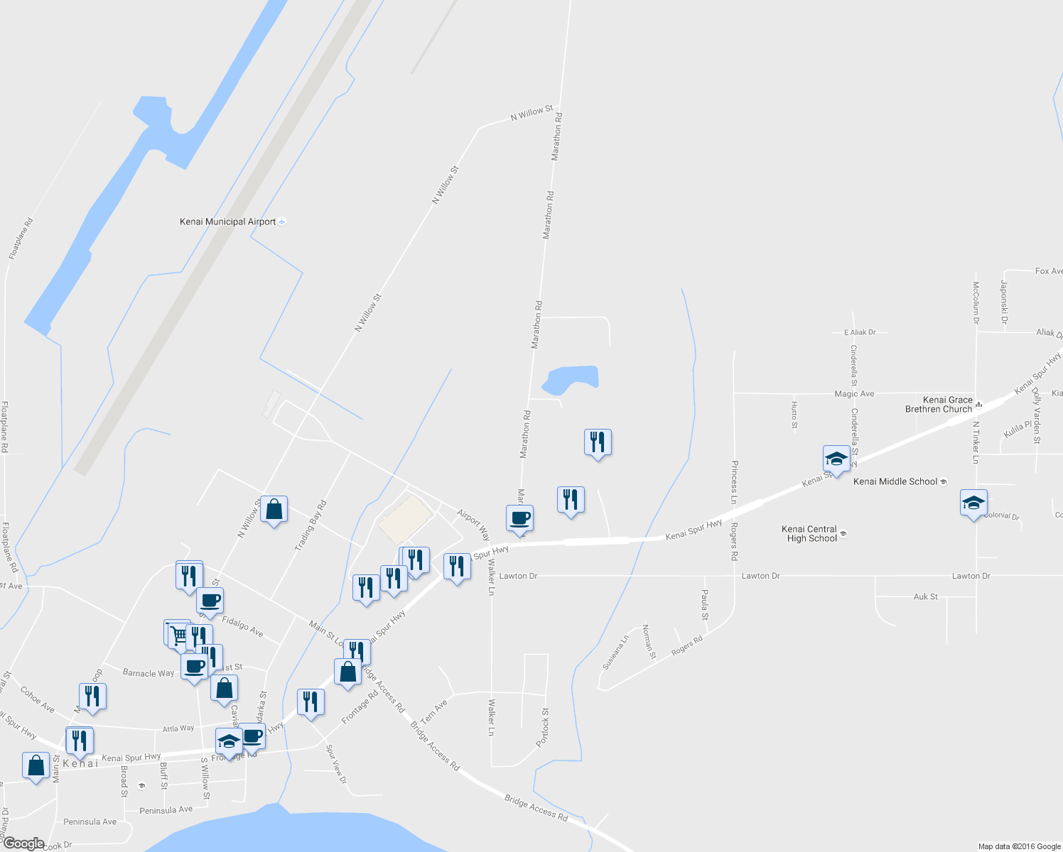 map of restaurants, bars, coffee shops, grocery stores, and more near 281 Marathon Road in Kenai