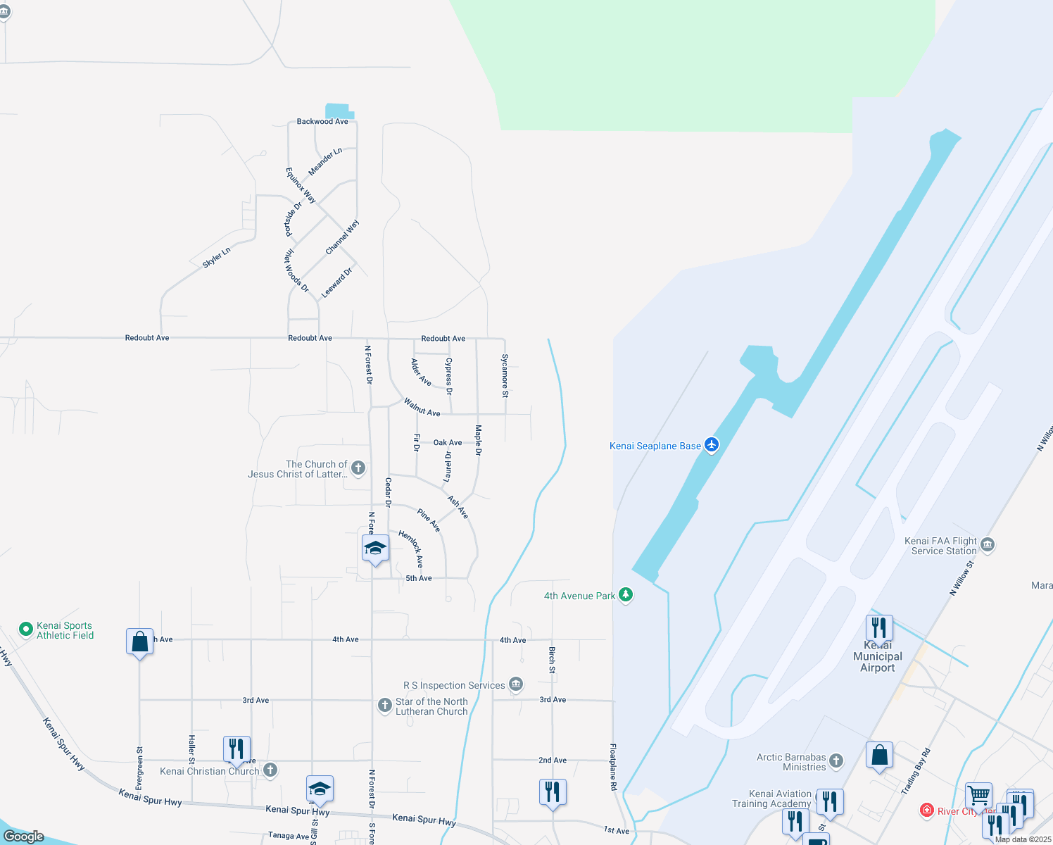 map of restaurants, bars, coffee shops, grocery stores, and more near 614 Maple Drive in Kenai
