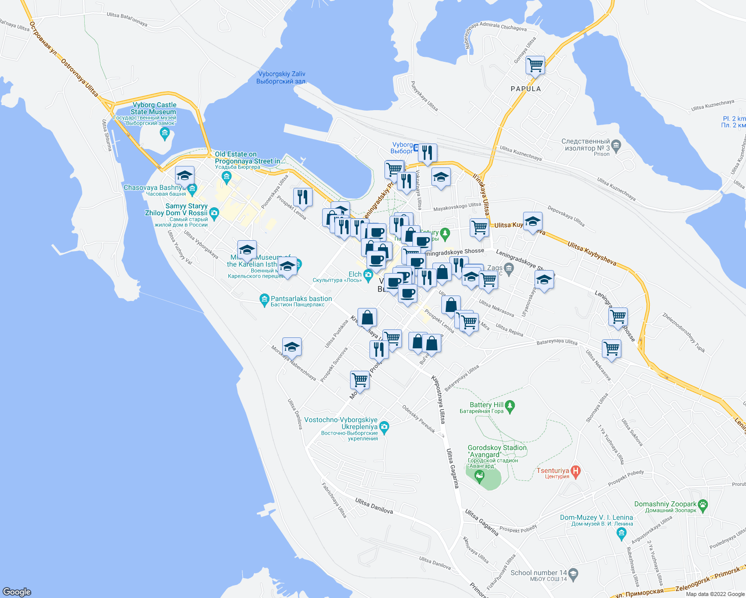 map of restaurants, bars, coffee shops, grocery stores, and more near 4 prospekt Suvorova in Vyborg