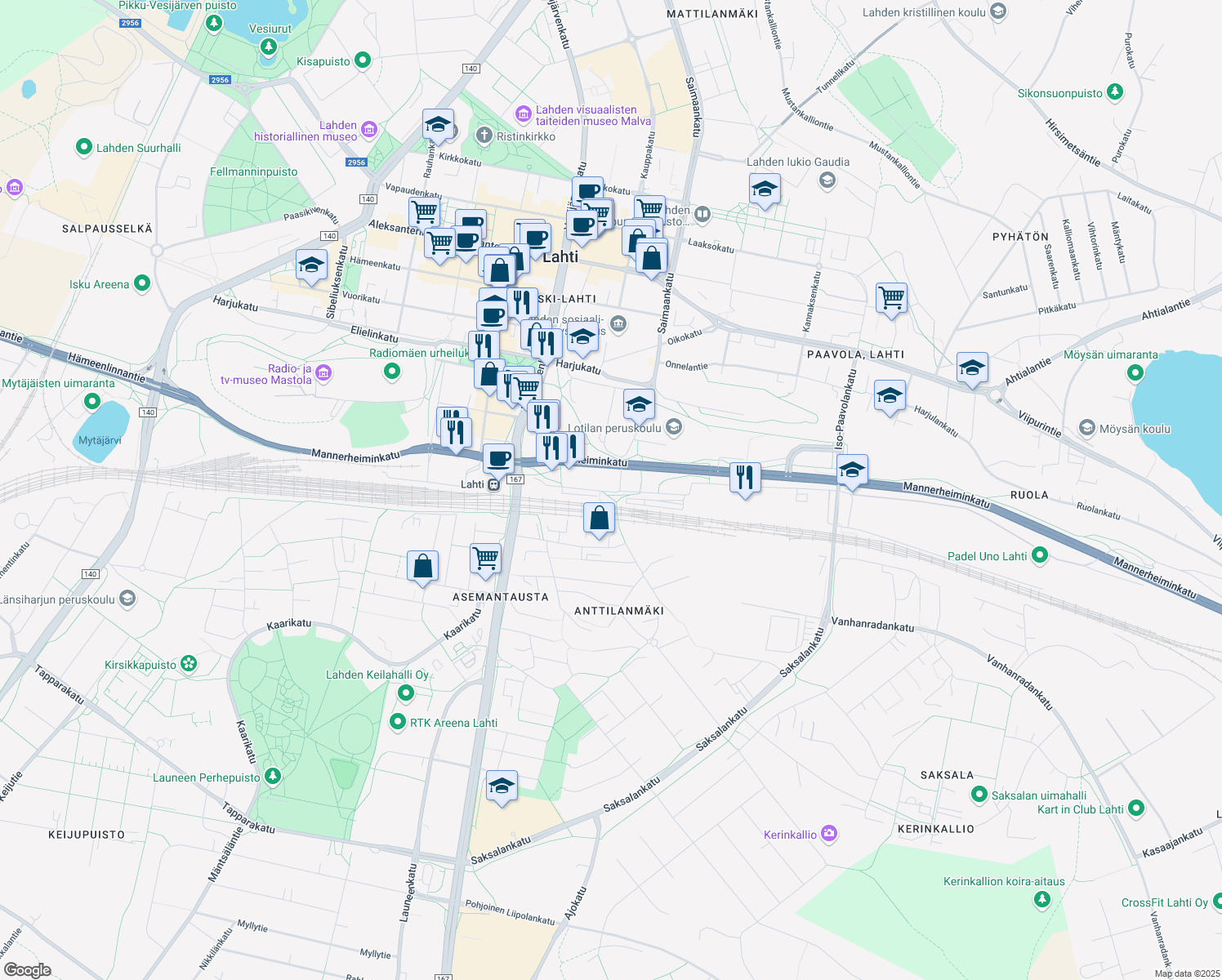 map of restaurants, bars, coffee shops, grocery stores, and more near in Lahti