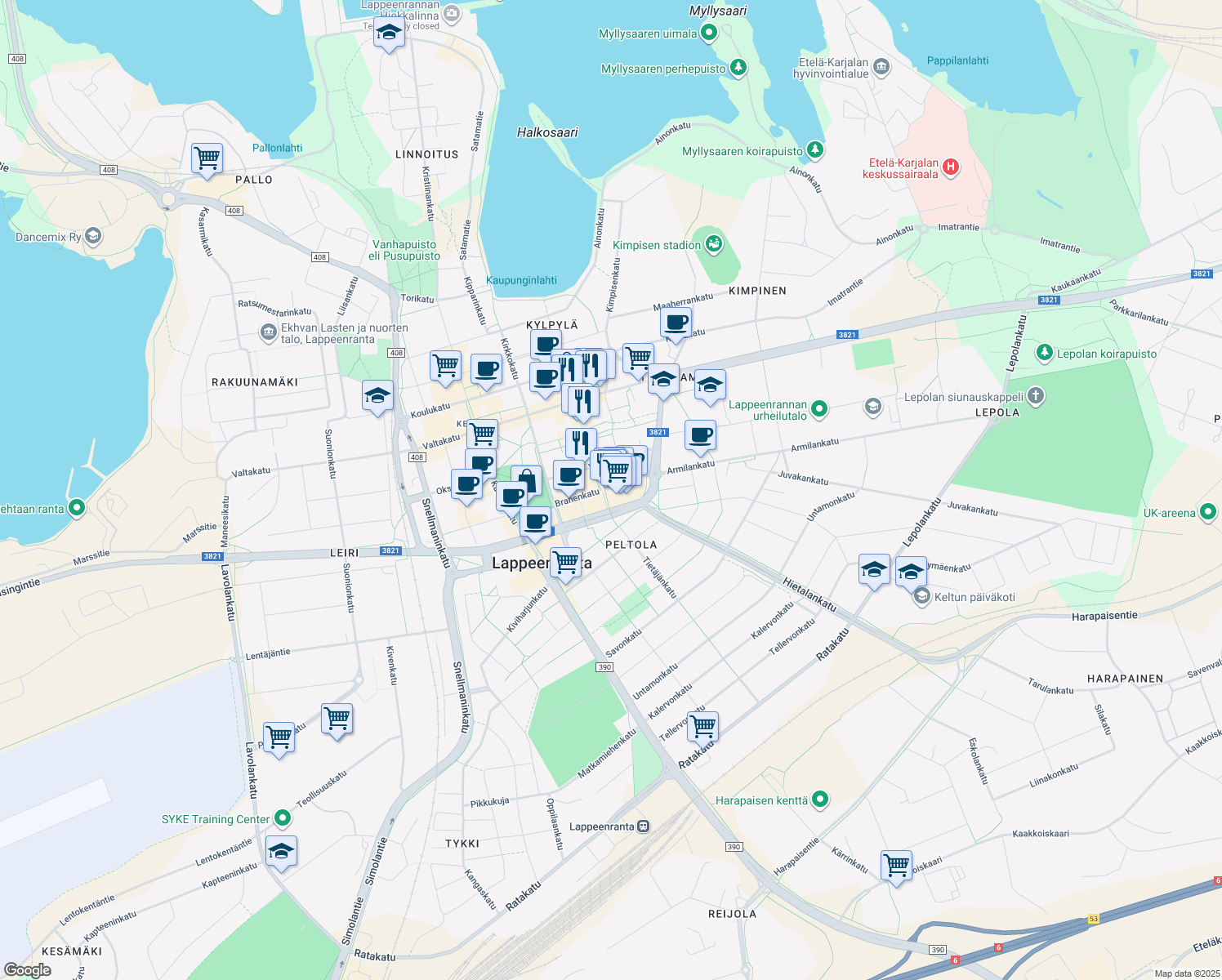 map of restaurants, bars, coffee shops, grocery stores, and more near in Lappeenranta