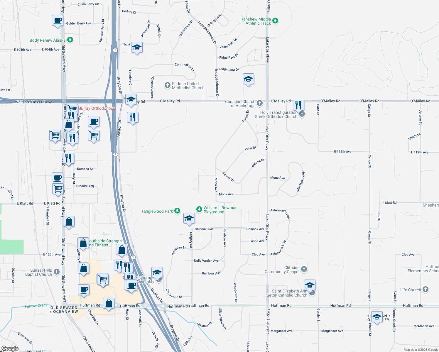 map of restaurants, bars, coffee shops, grocery stores, and more near 11322 Forest Drive in Anchorage