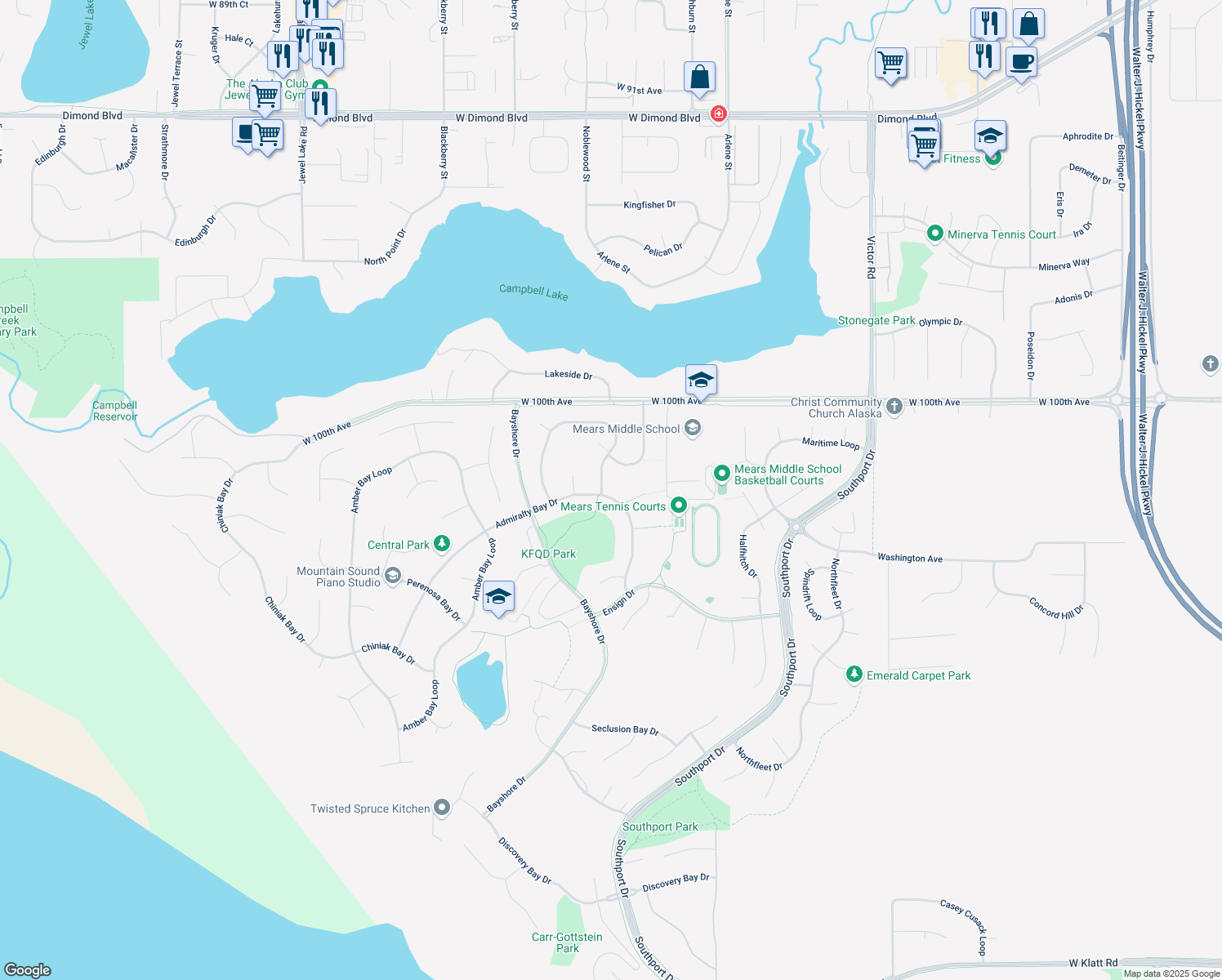 map of restaurants, bars, coffee shops, grocery stores, and more near 3001 Bettles Bay Loop in Anchorage
