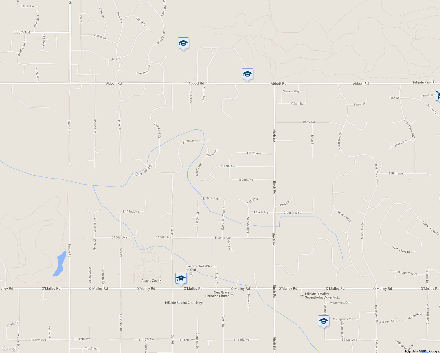 map of restaurants, bars, coffee shops, grocery stores, and more near 5311 Woodcrest Circle in Anchorage