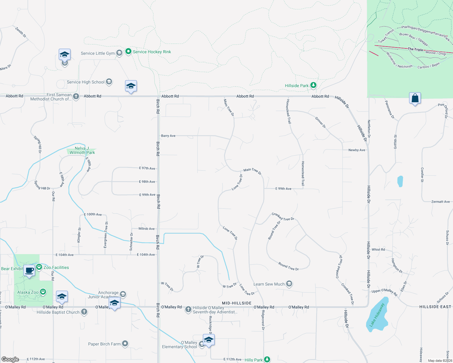 map of restaurants, bars, coffee shops, grocery stores, and more near 9900 Lone Tree Drive in Anchorage