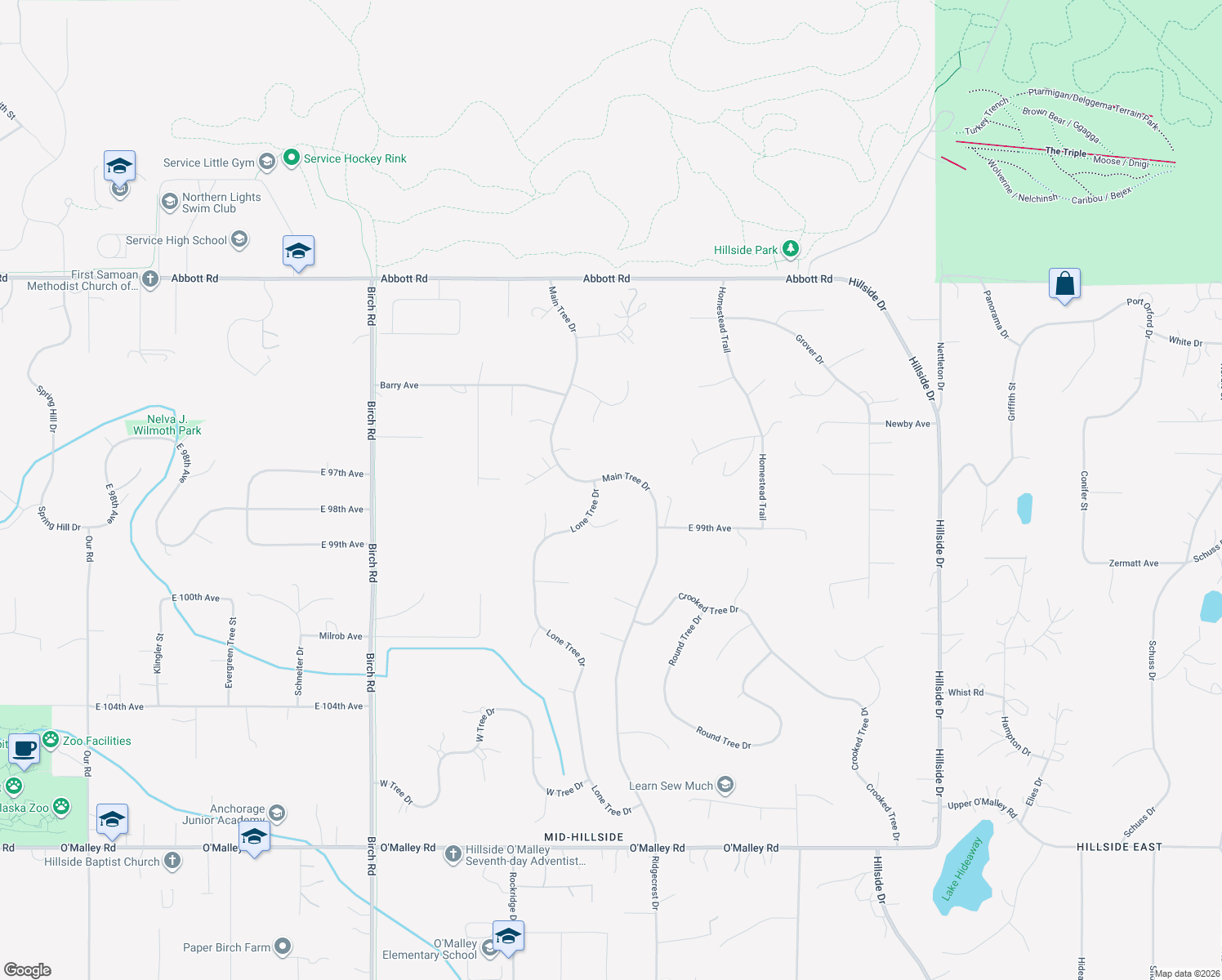 map of restaurants, bars, coffee shops, grocery stores, and more near 9799 Lone Tree Dr in Anchorage