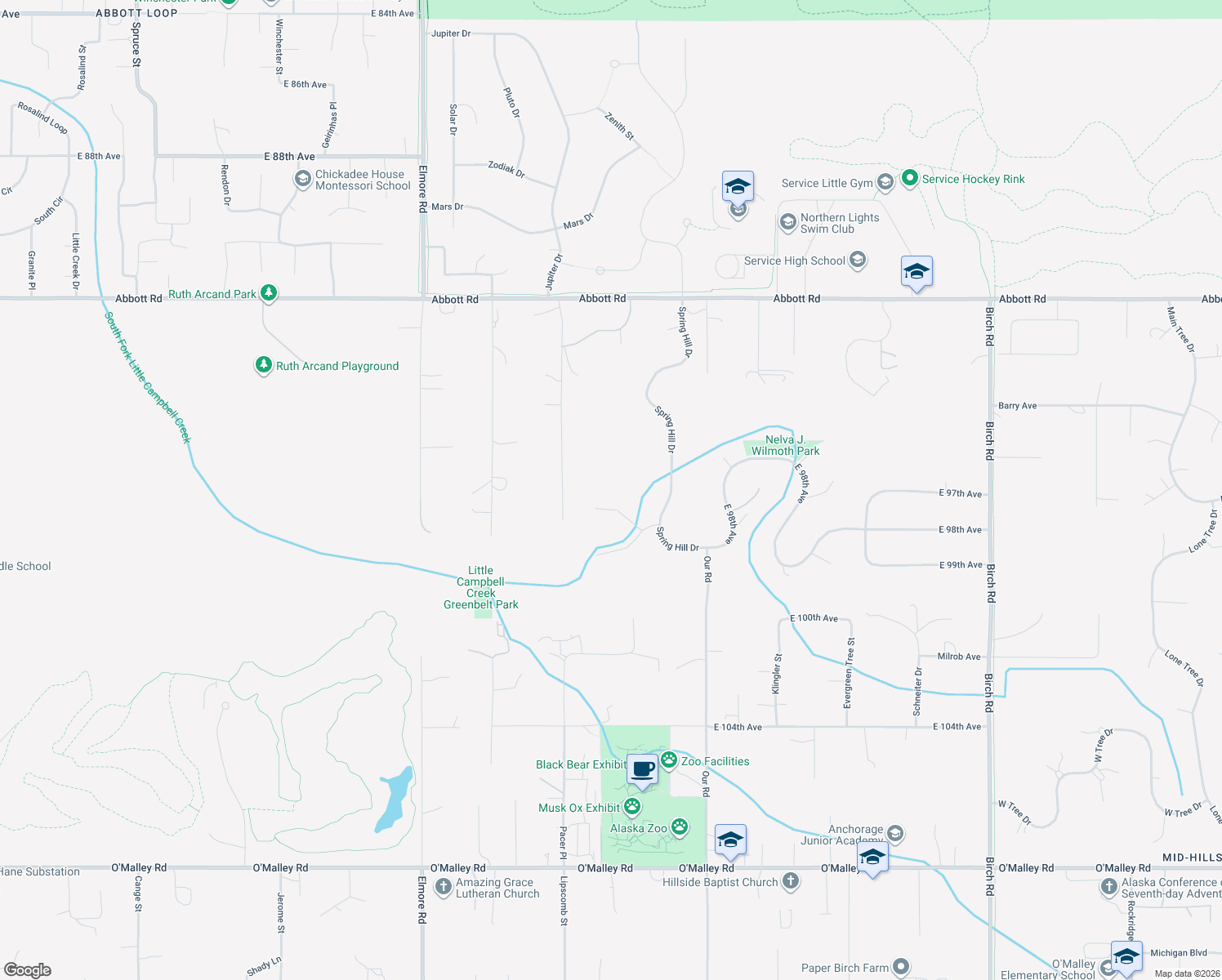 map of restaurants, bars, coffee shops, grocery stores, and more near 4701 Golden Spring Circle in Anchorage
