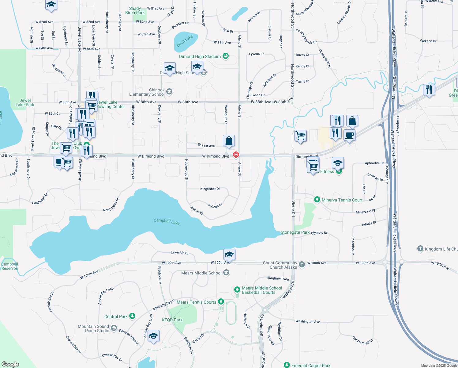 map of restaurants, bars, coffee shops, grocery stores, and more near 2730 Kingfisher Dr in Anchorage