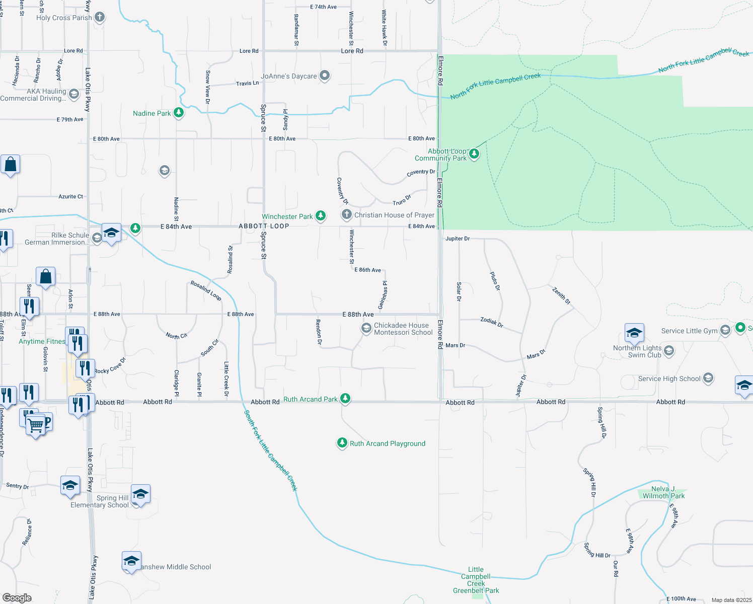 map of restaurants, bars, coffee shops, grocery stores, and more near 8730 Geirinhas Place in Anchorage