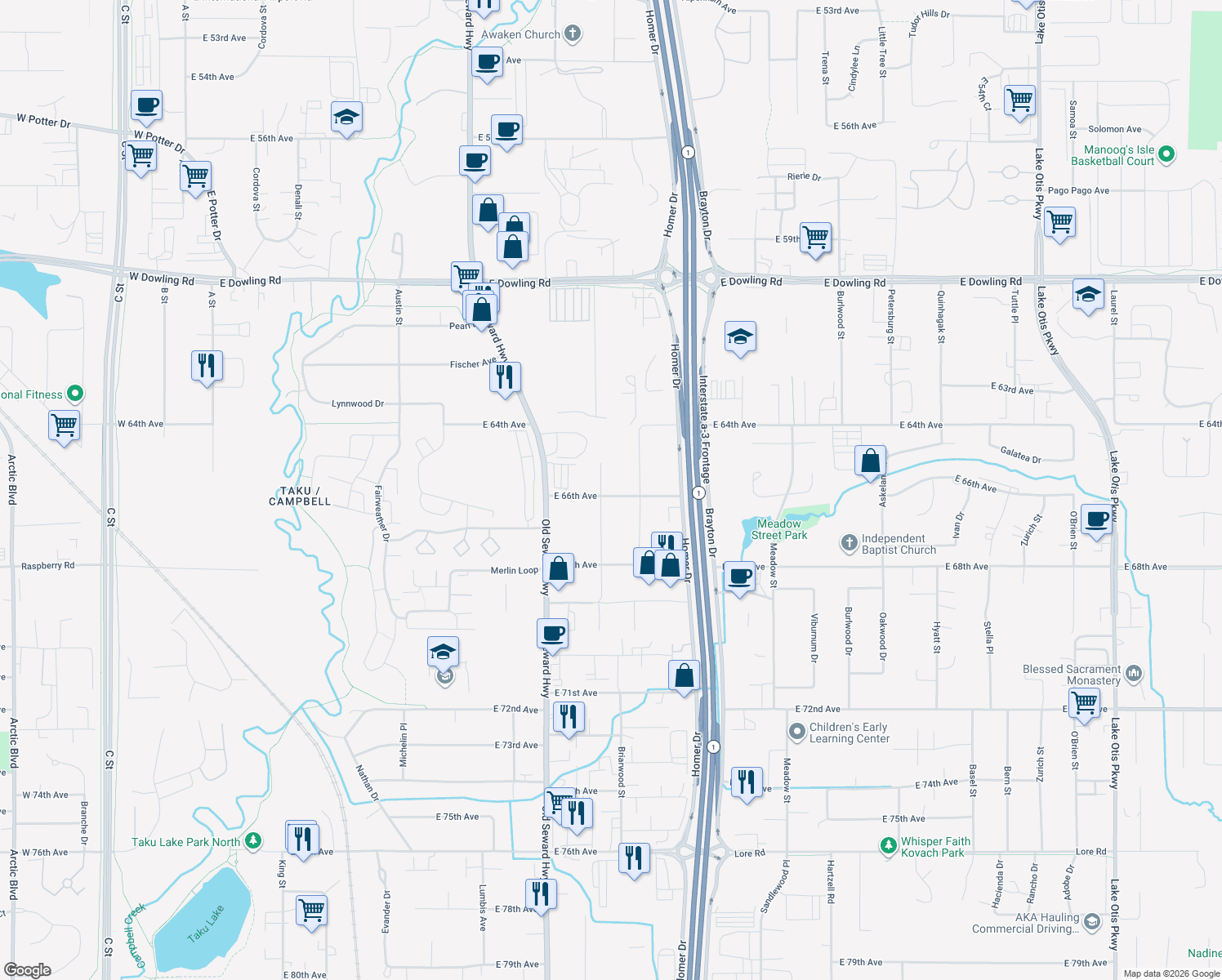 map of restaurants, bars, coffee shops, grocery stores, and more near 6543 Rosewood St in Anchorage