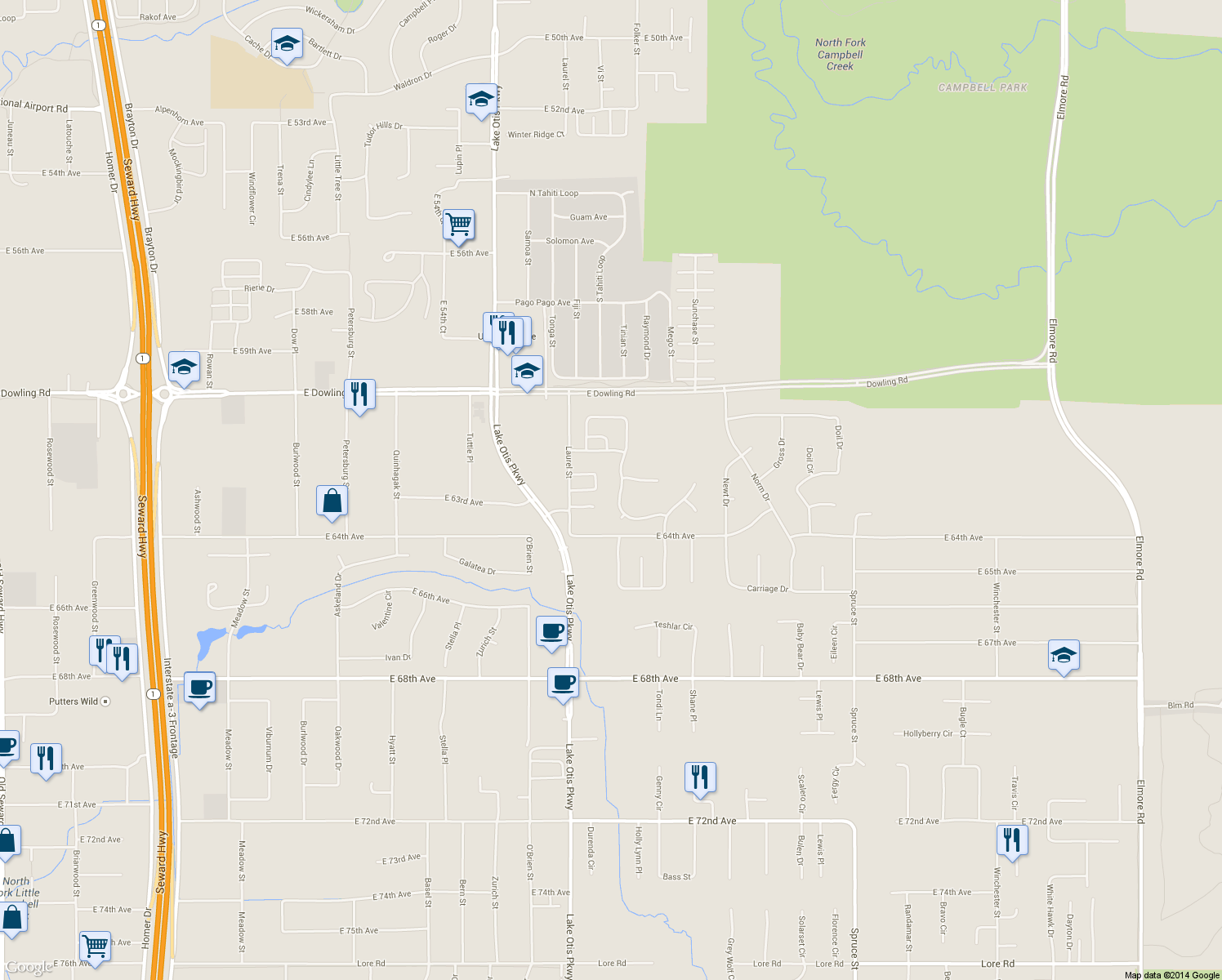 map of restaurants, bars, coffee shops, grocery stores, and more near 6236 Spruce Meadows Drive in Anchorage