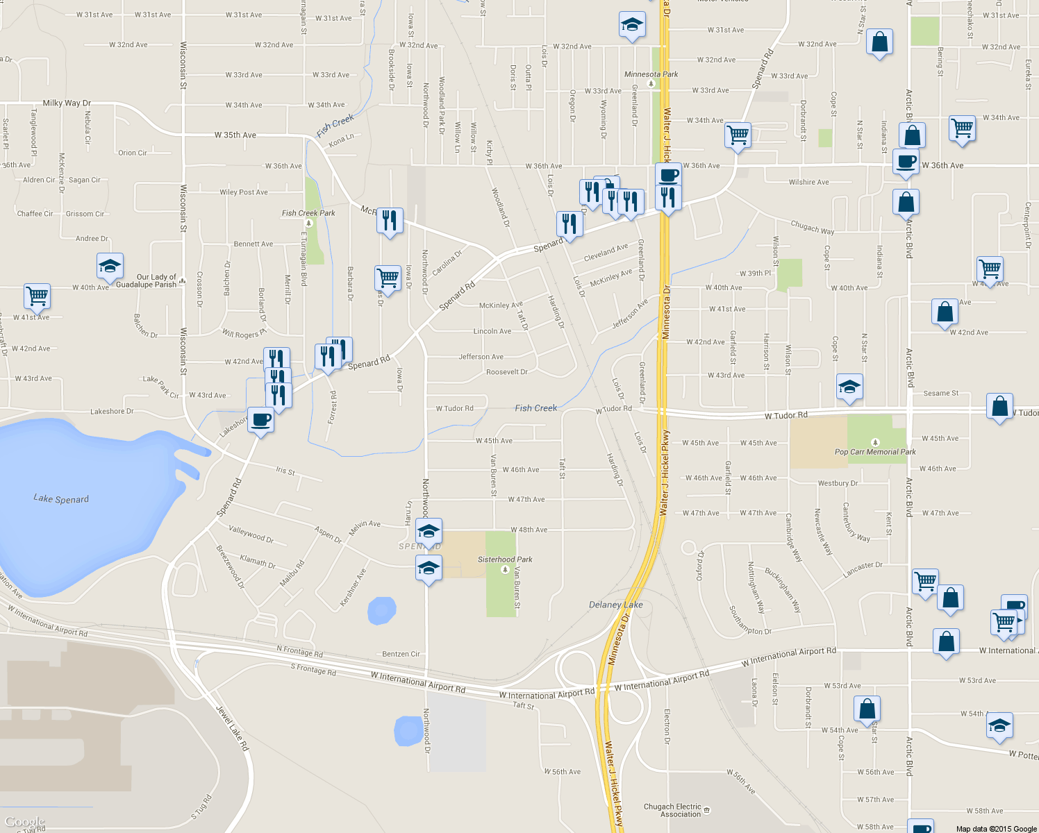 map of restaurants, bars, coffee shops, grocery stores, and more near 2103 West 44th Court in Anchorage