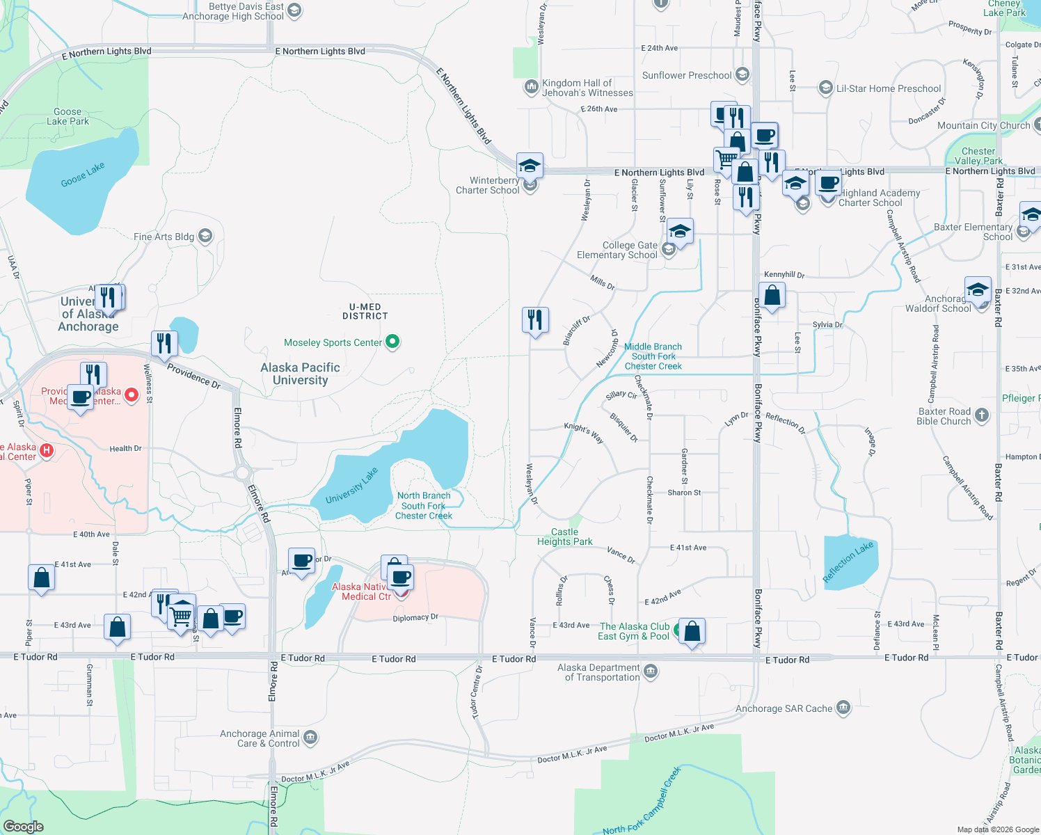 map of restaurants, bars, coffee shops, grocery stores, and more near 3608 Wesleyan Drive in Anchorage