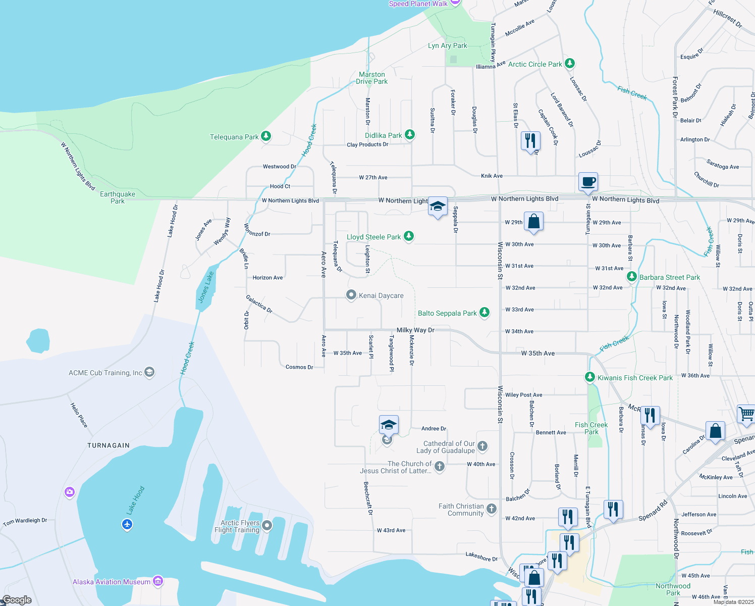 map of restaurants, bars, coffee shops, grocery stores, and more near 3808 Galactica Dr in Anchorage