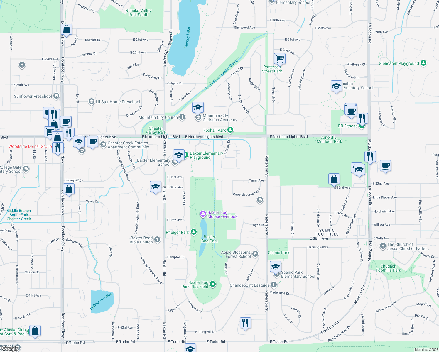 map of restaurants, bars, coffee shops, grocery stores, and more near 3132 Tayshee Cir in Anchorage