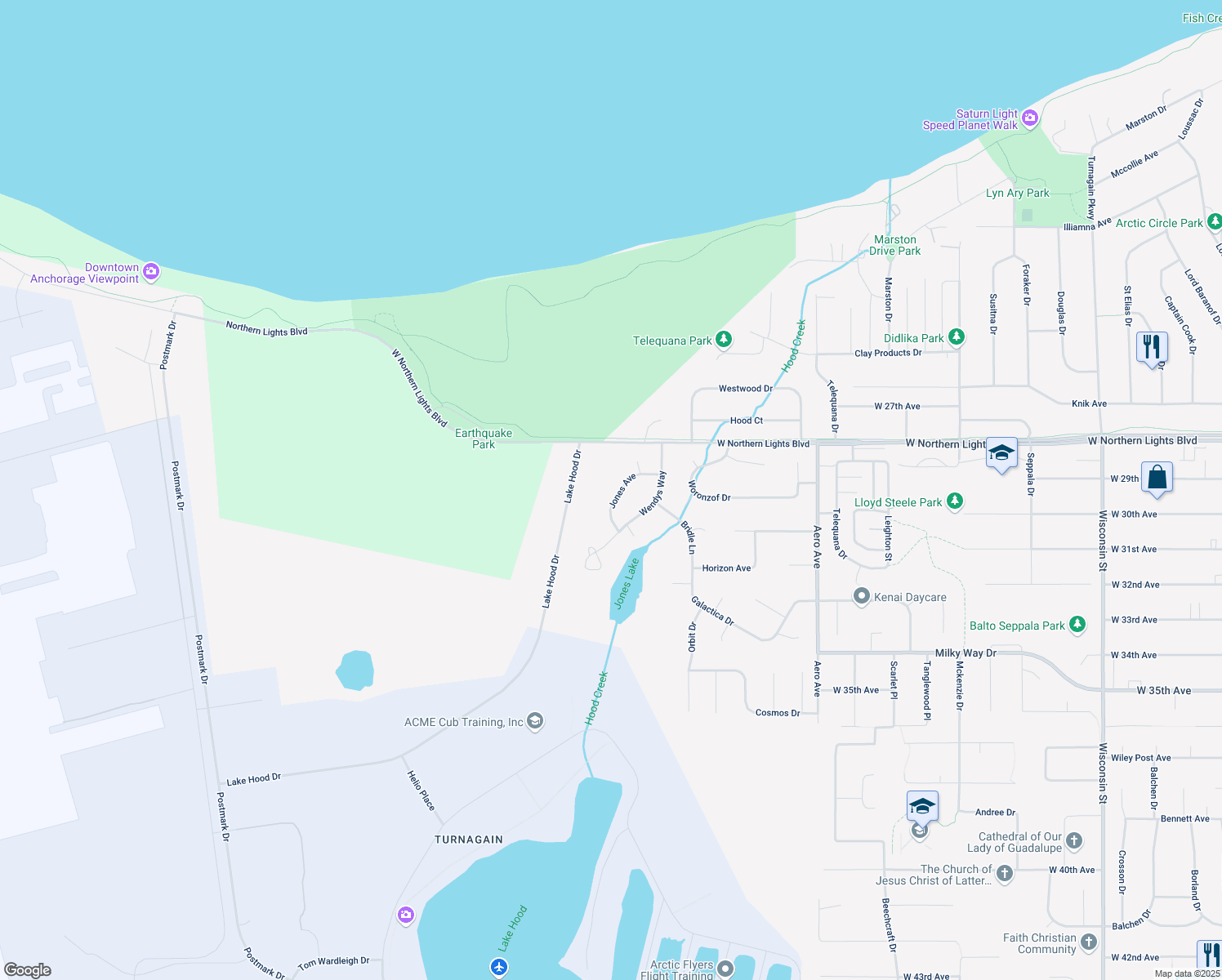map of restaurants, bars, coffee shops, grocery stores, and more near 2906 Jones Ave in Anchorage