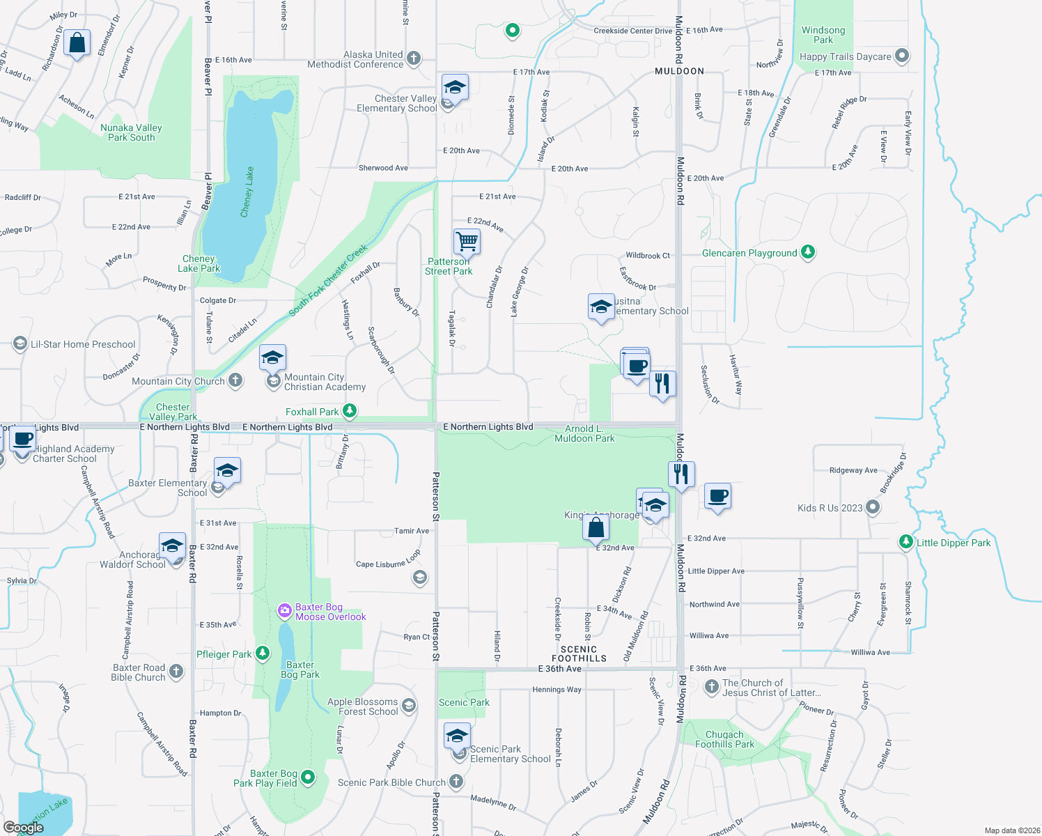 map of restaurants, bars, coffee shops, grocery stores, and more near 7450 Augustine Drive in Anchorage