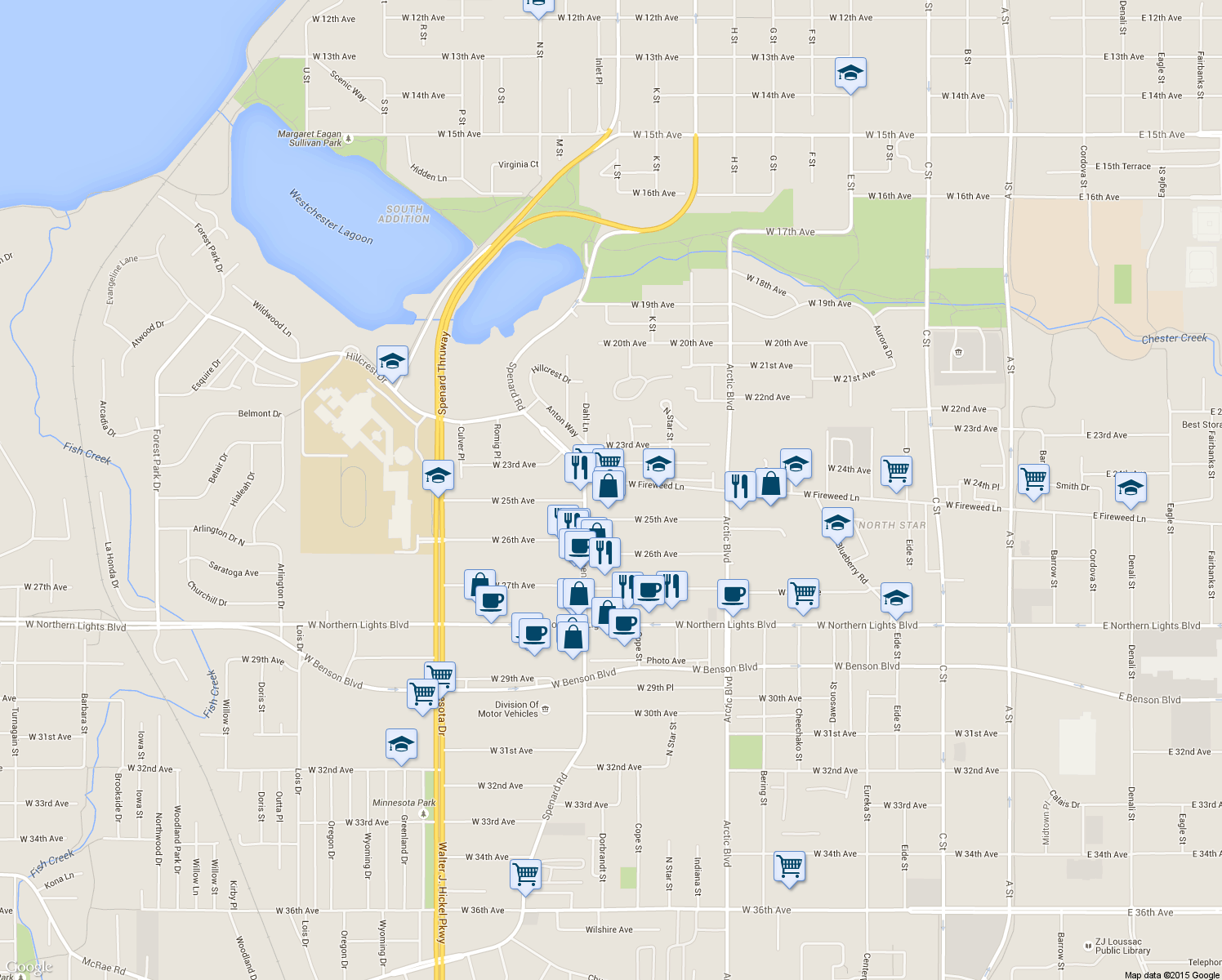 map of restaurants, bars, coffee shops, grocery stores, and more near 1080 West Fireweed Lane in Anchorage