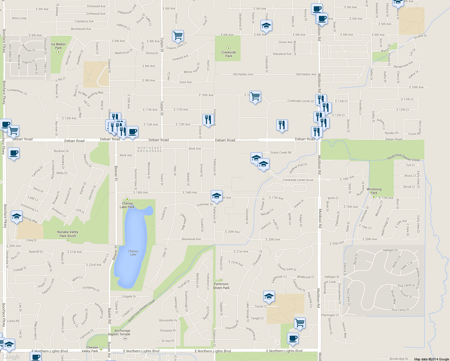 map of restaurants, bars, coffee shops, grocery stores, and more near 7131 Chester Court in Anchorage