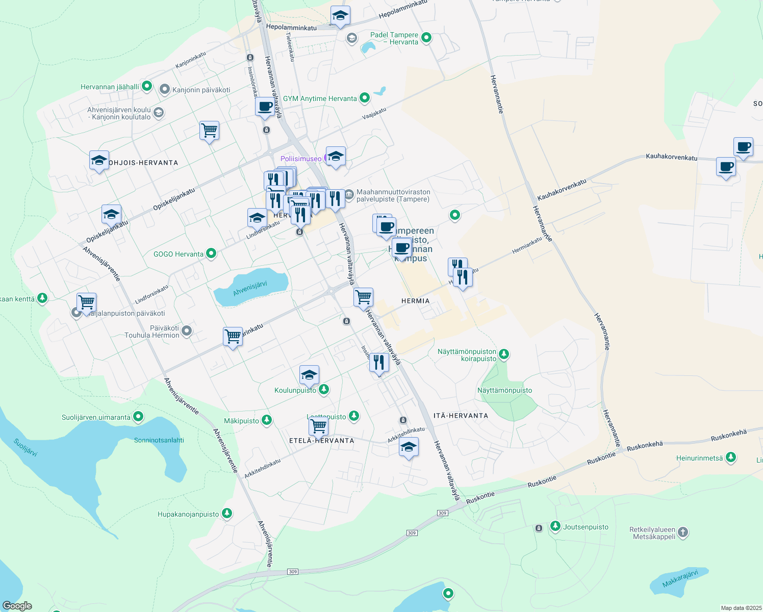 map of restaurants, bars, coffee shops, grocery stores, and more near 1 Hermiankatu in Tampere