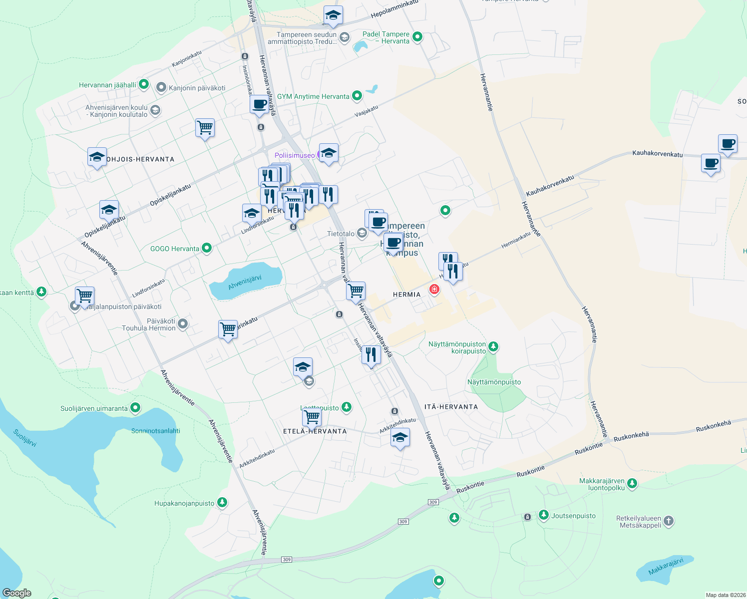 map of restaurants, bars, coffee shops, grocery stores, and more near 1 Hermiankatu in Tampere