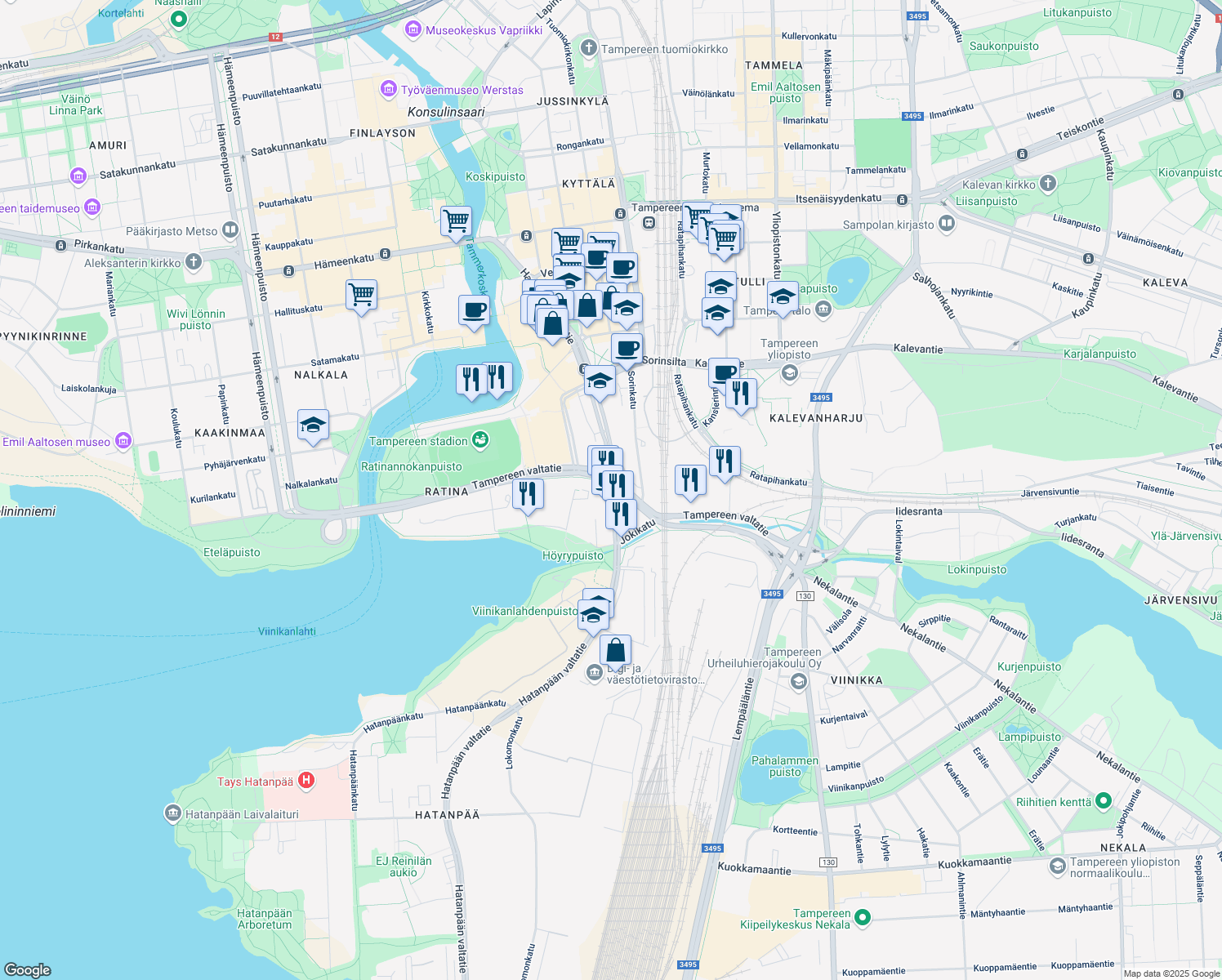 map of restaurants, bars, coffee shops, grocery stores, and more near in Tampere