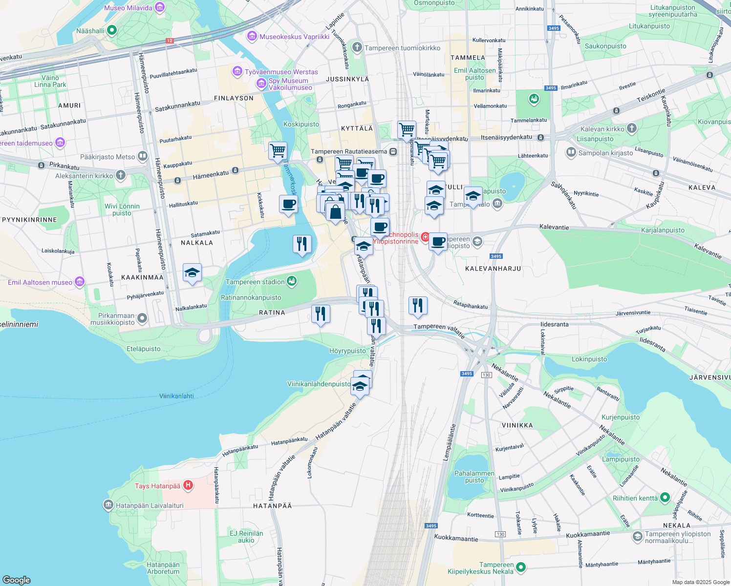 map of restaurants, bars, coffee shops, grocery stores, and more near in Tampere