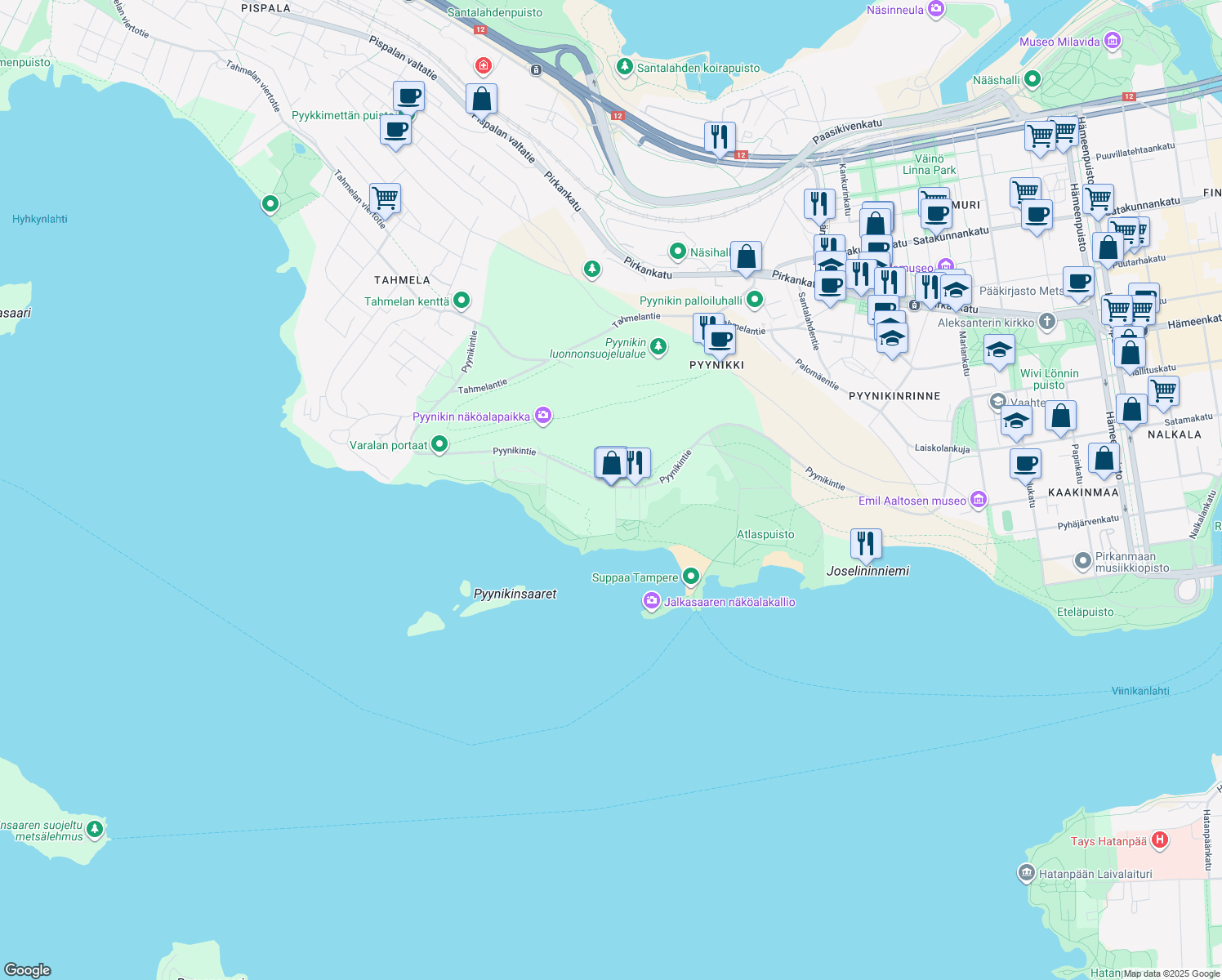 map of restaurants, bars, coffee shops, grocery stores, and more near 25 Pyynikintie in Tampere