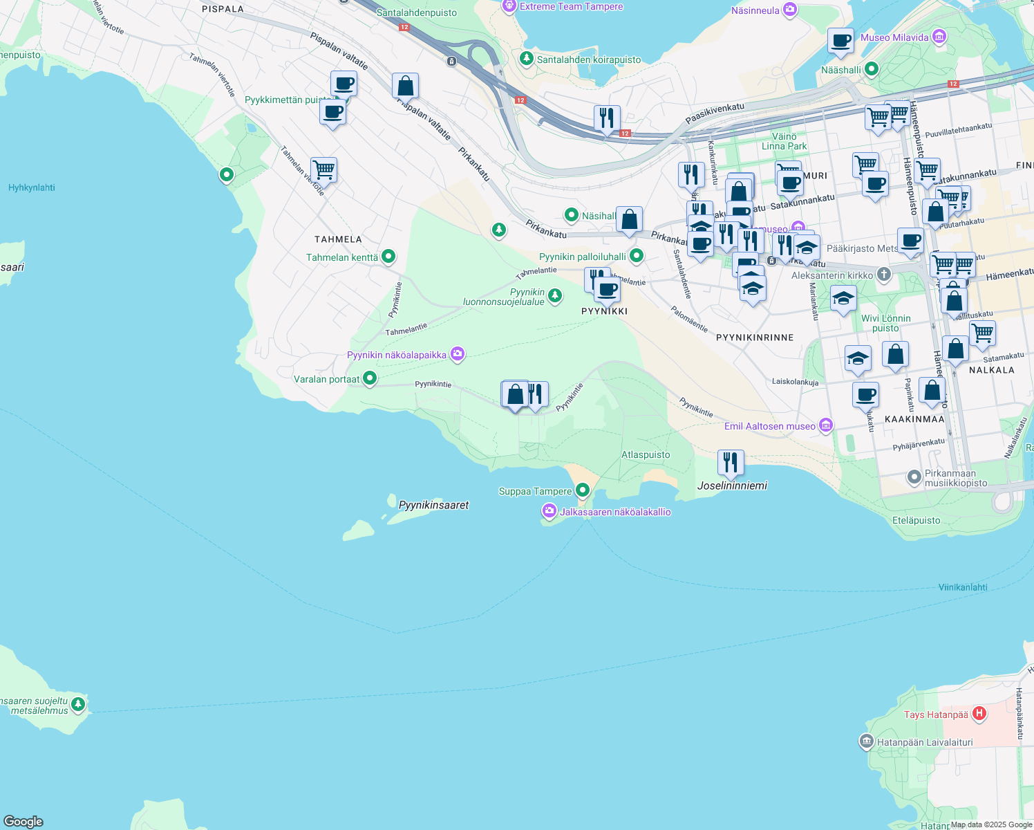 map of restaurants, bars, coffee shops, grocery stores, and more near 25 Pyynikintie in Tampere