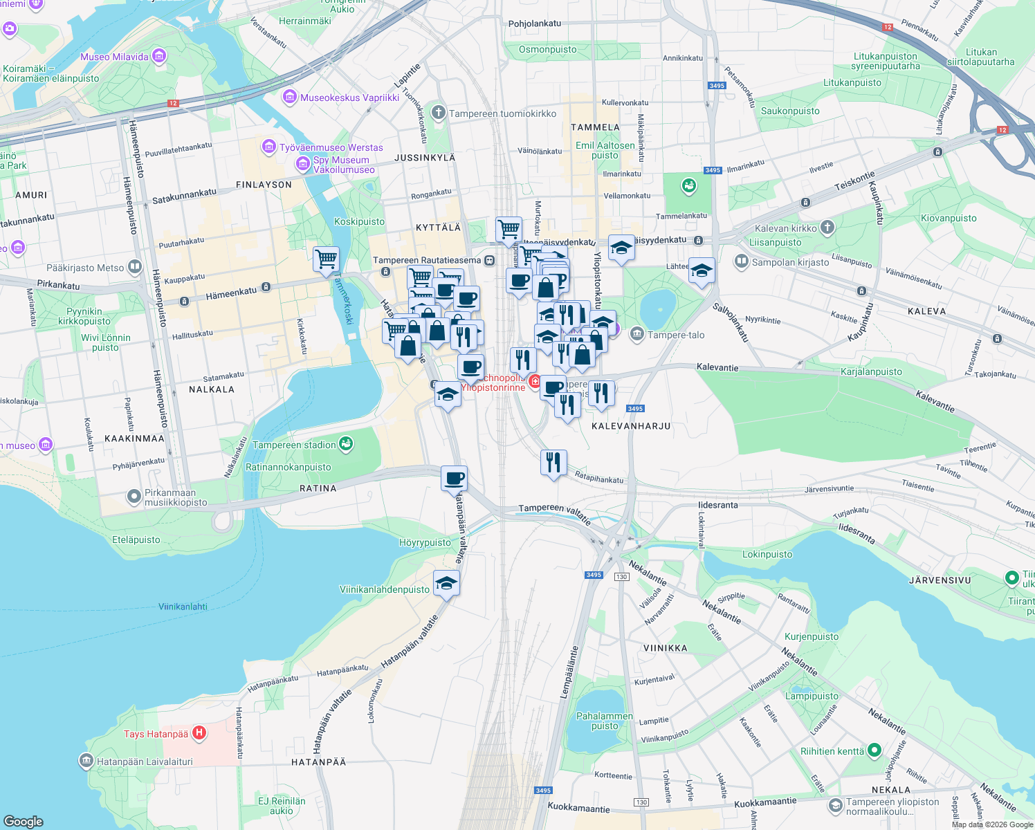 map of restaurants, bars, coffee shops, grocery stores, and more near in Tampere