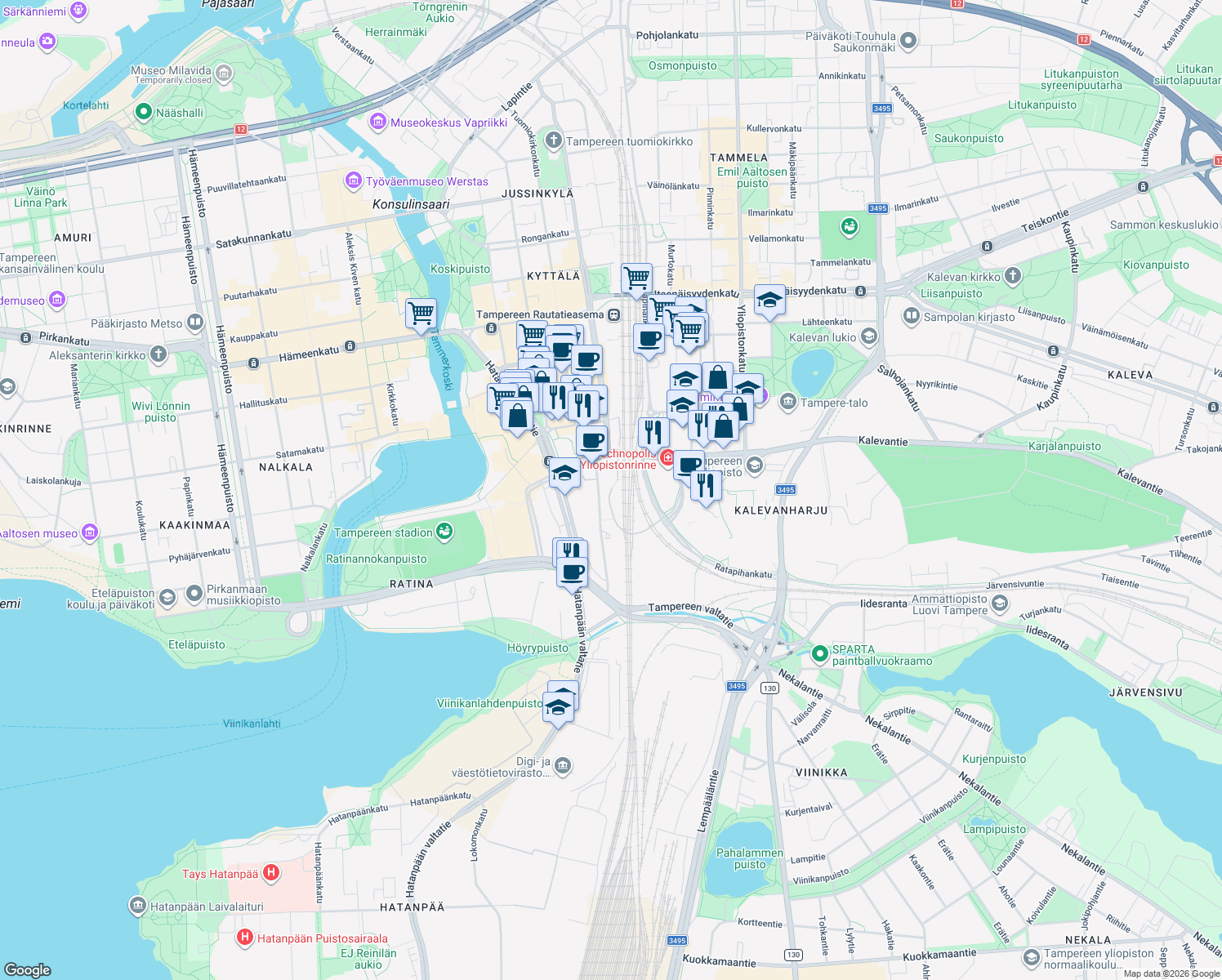 map of restaurants, bars, coffee shops, grocery stores, and more near 3 Kansikatu in Tampere