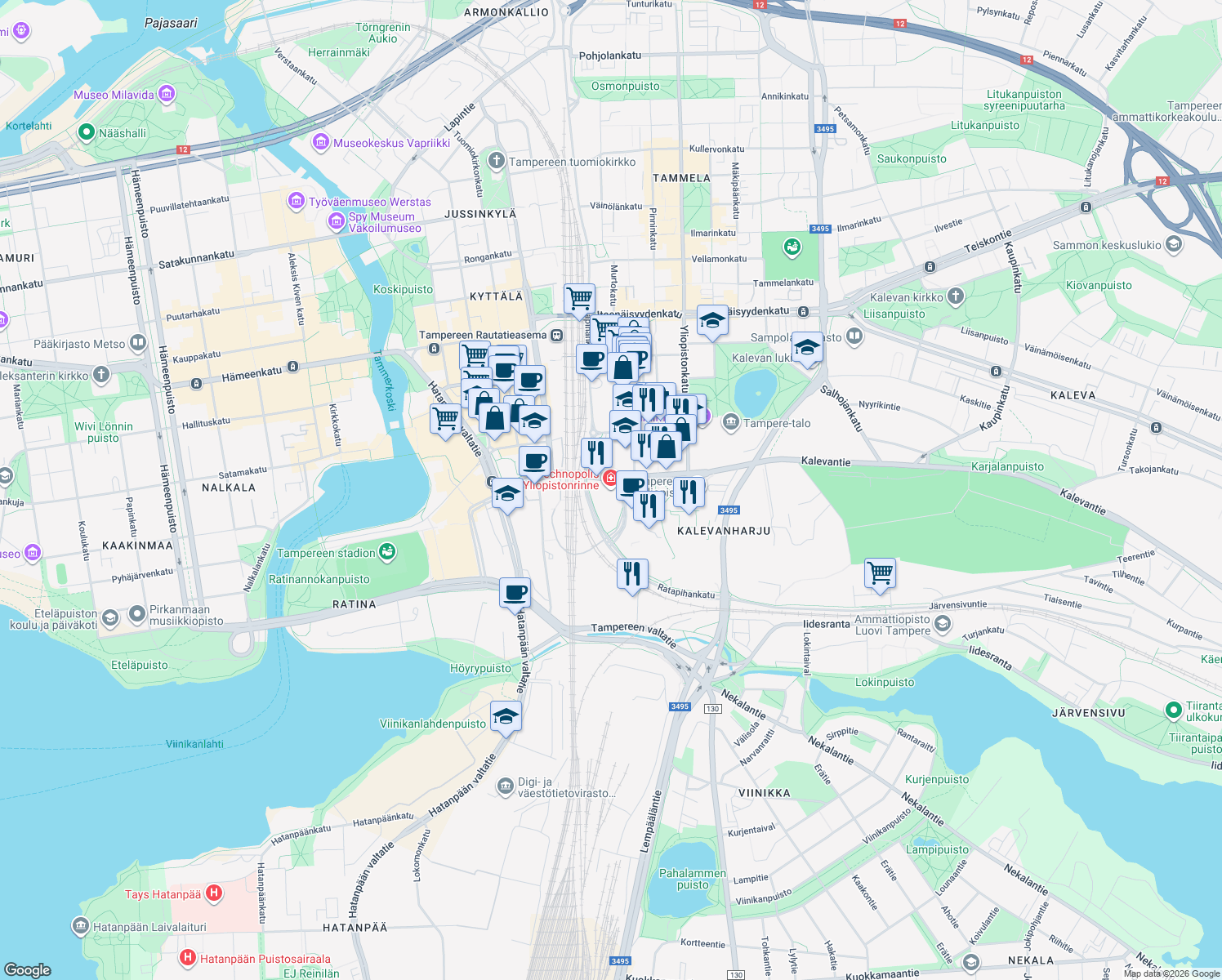map of restaurants, bars, coffee shops, grocery stores, and more near in Tampere