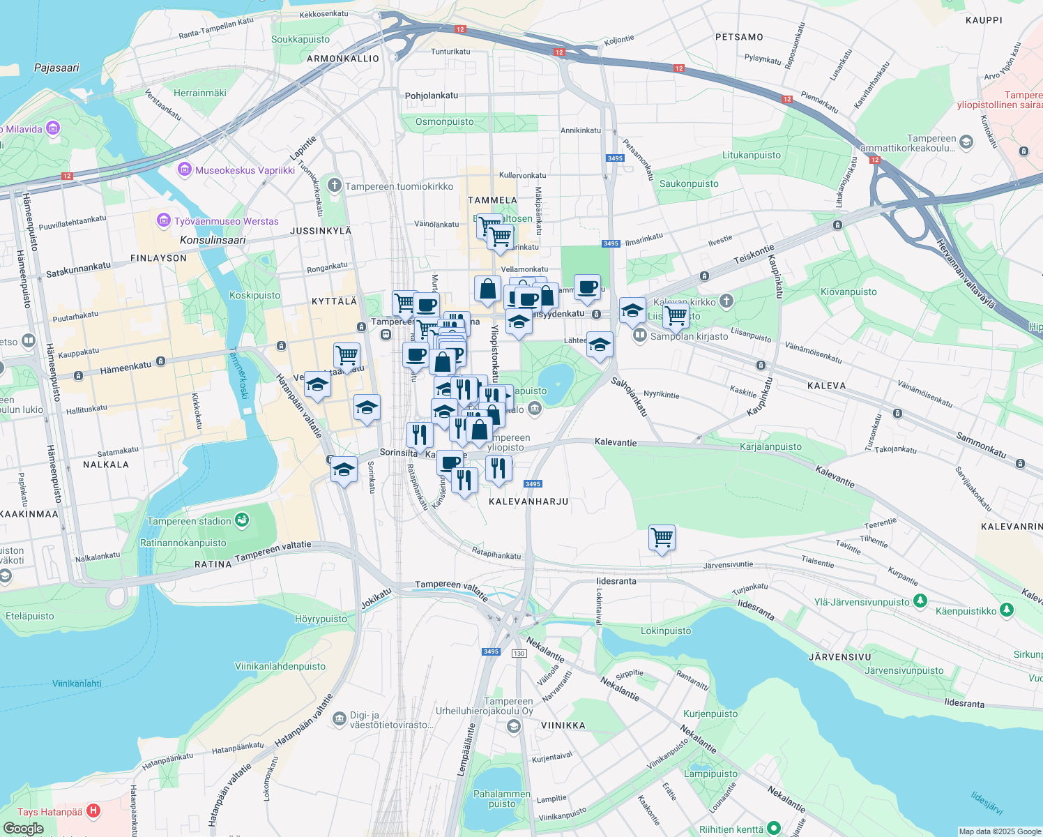 map of restaurants, bars, coffee shops, grocery stores, and more near in Tampere