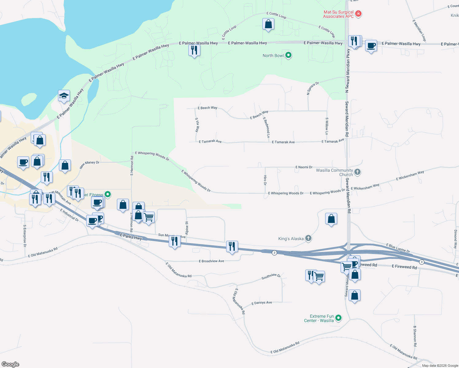 map of restaurants, bars, coffee shops, grocery stores, and more near 2901 East Whispering Woods Drive in Wasilla