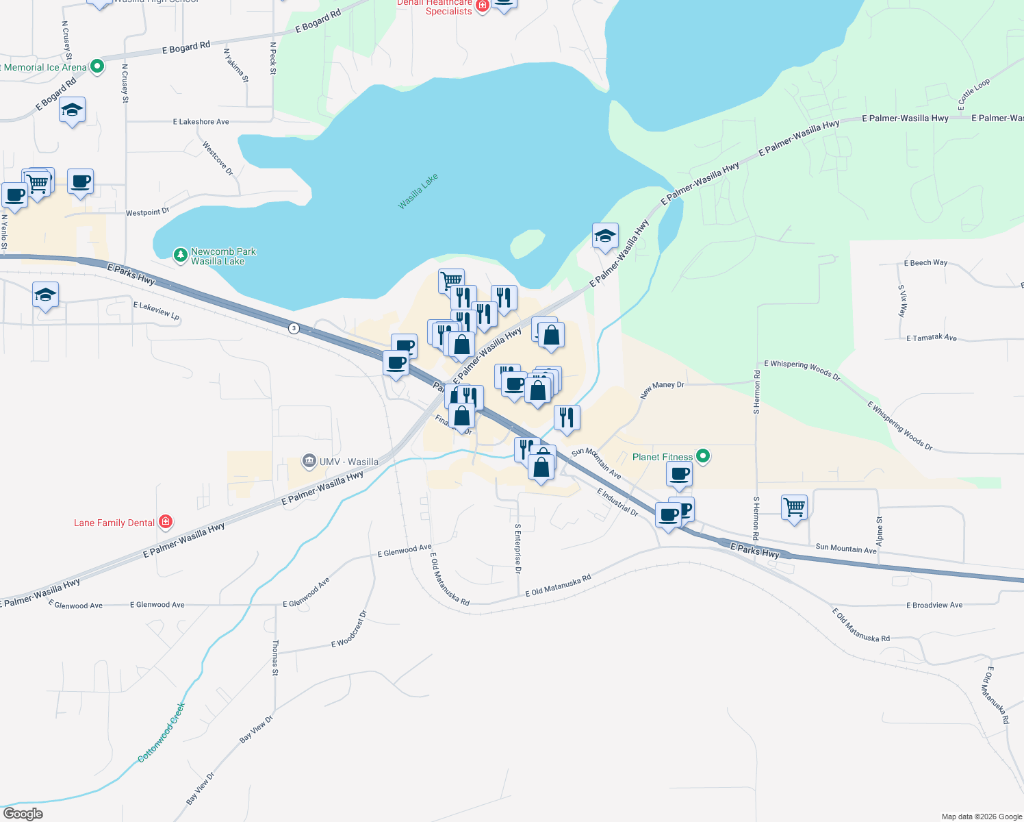 map of restaurants, bars, coffee shops, grocery stores, and more near 1771 East Parks Highway in Wasilla