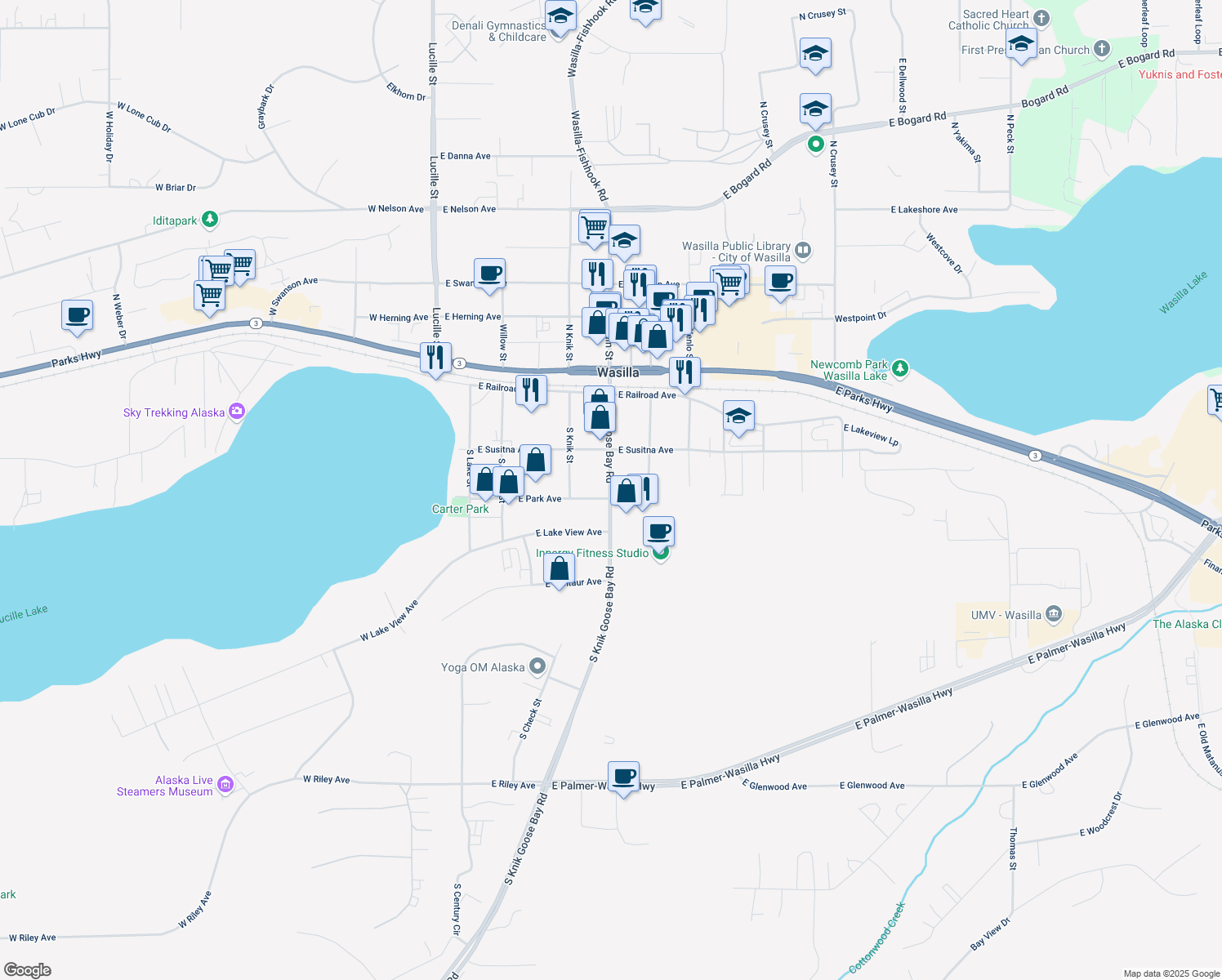 map of restaurants, bars, coffee shops, grocery stores, and more near 599 South Boundary Street in Wasilla