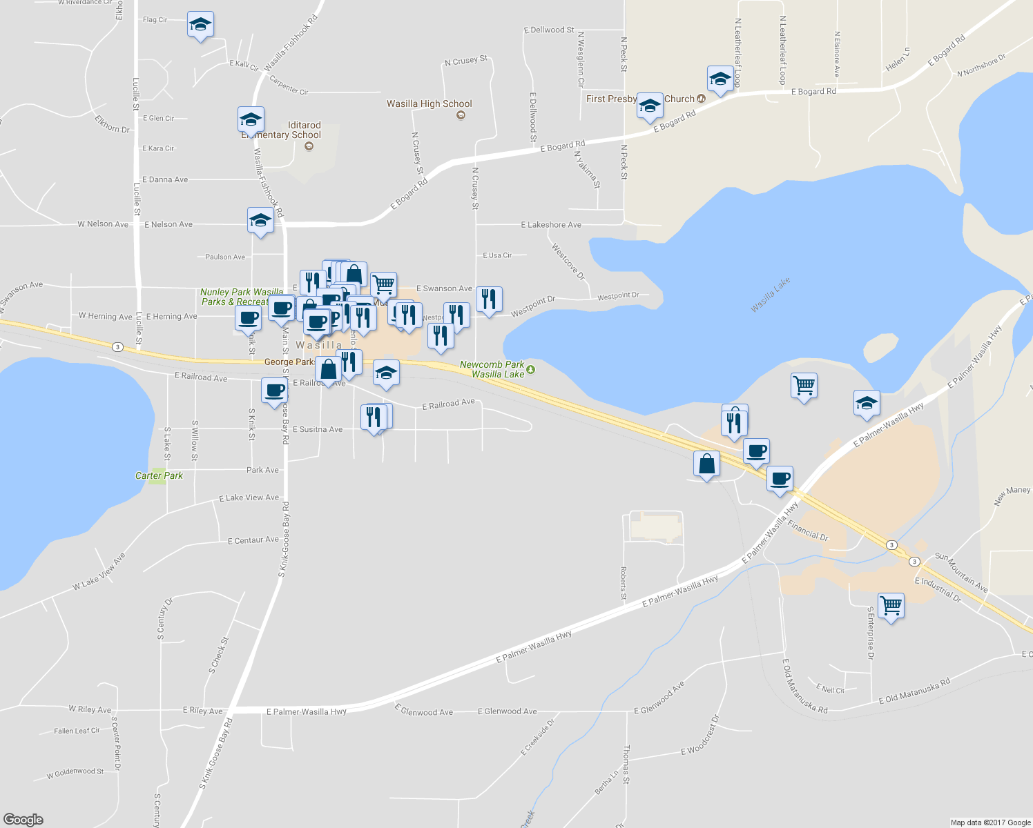 map of restaurants, bars, coffee shops, grocery stores, and more near 22 East Susitna Avenue in Wasilla