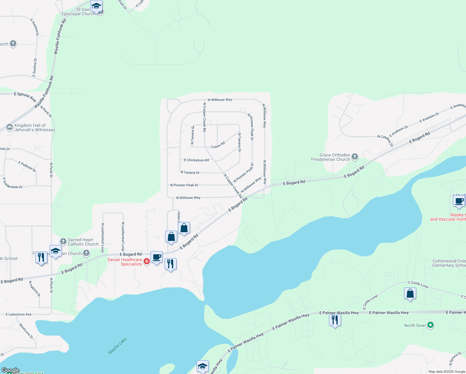 map of restaurants, bars, coffee shops, grocery stores, and more near 1700 North Pioneer Peak Drive in Wasilla