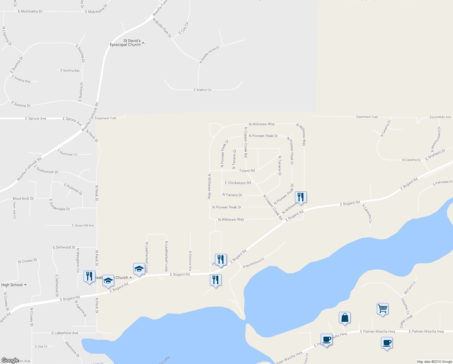 map of restaurants, bars, coffee shops, grocery stores, and more near 1771 North Tanana Drive in Wasilla
