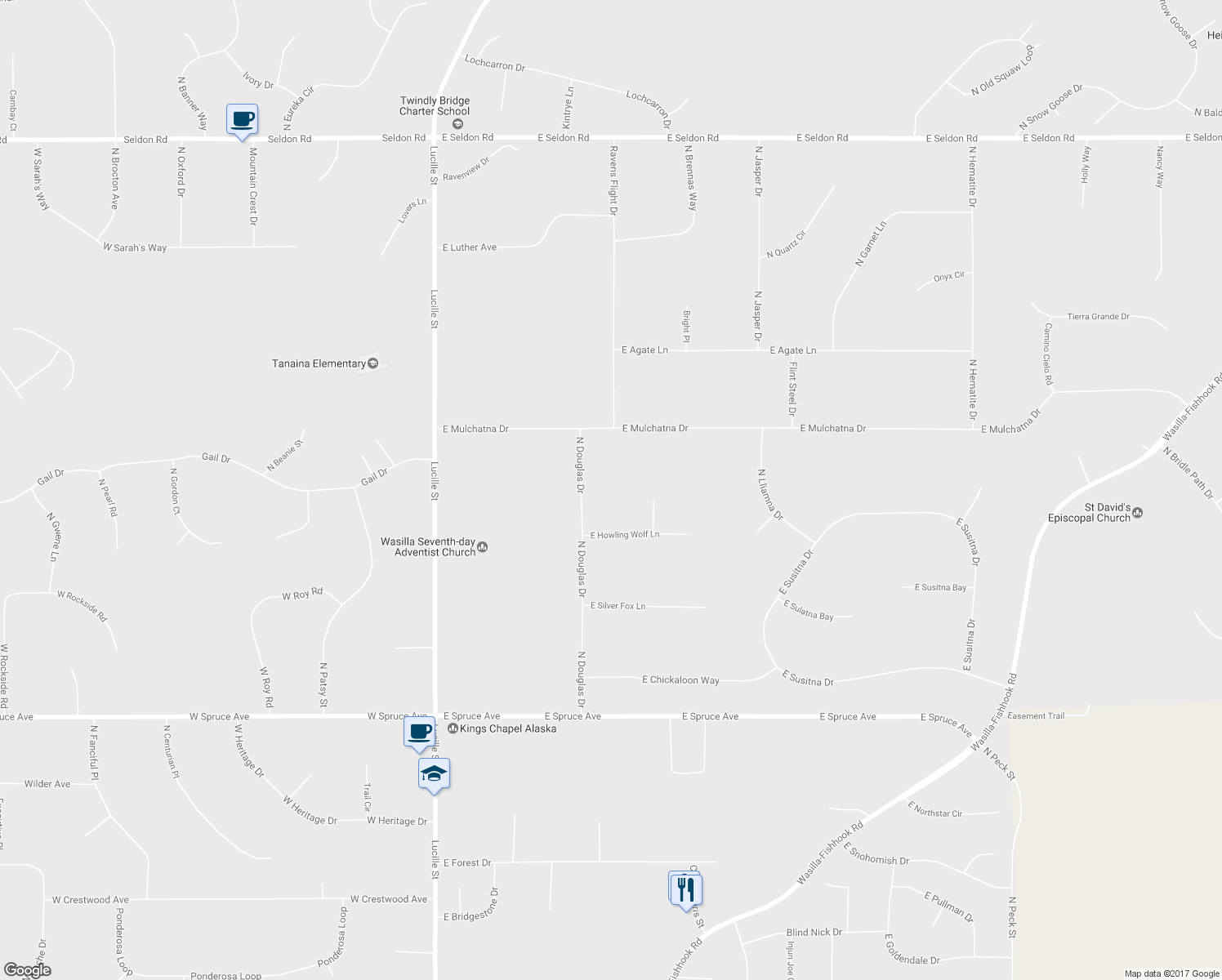 map of restaurants, bars, coffee shops, grocery stores, and more near 2261 N Douglas Dr in Wasilla