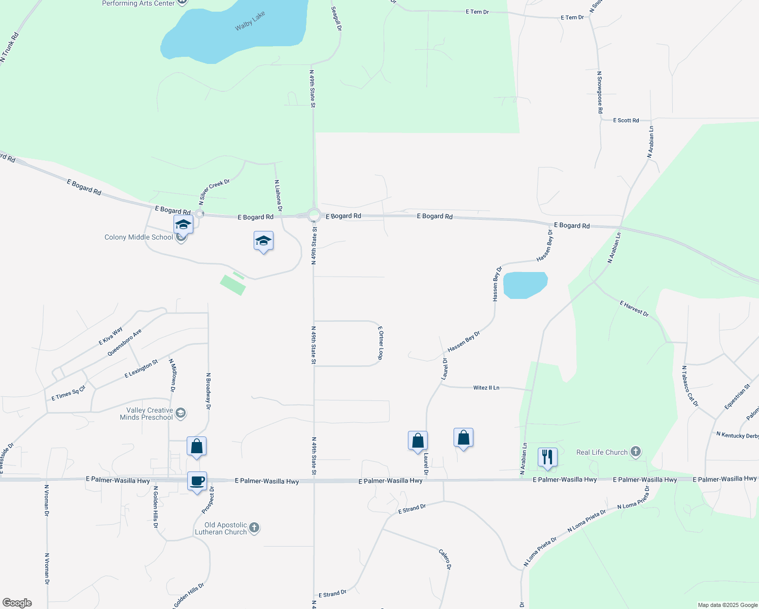 map of restaurants, bars, coffee shops, grocery stores, and more near 9751 Ortner Loop in Palmer