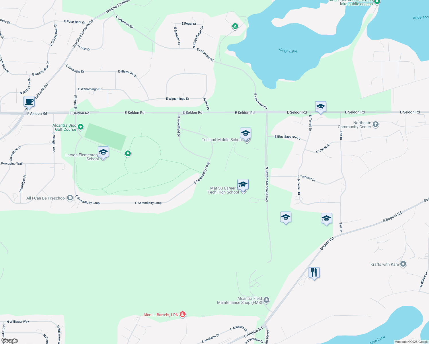 map of restaurants, bars, coffee shops, grocery stores, and more near 3509 East Serendipity Loop in Wasilla