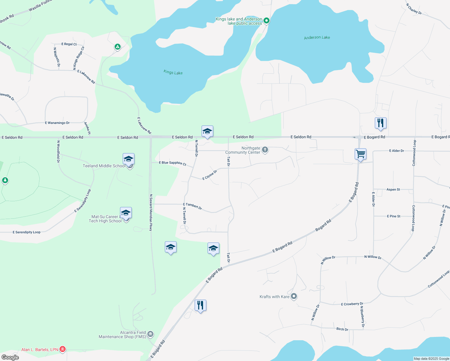 map of restaurants, bars, coffee shops, grocery stores, and more near 2701 North Azurite Circle in Wasilla
