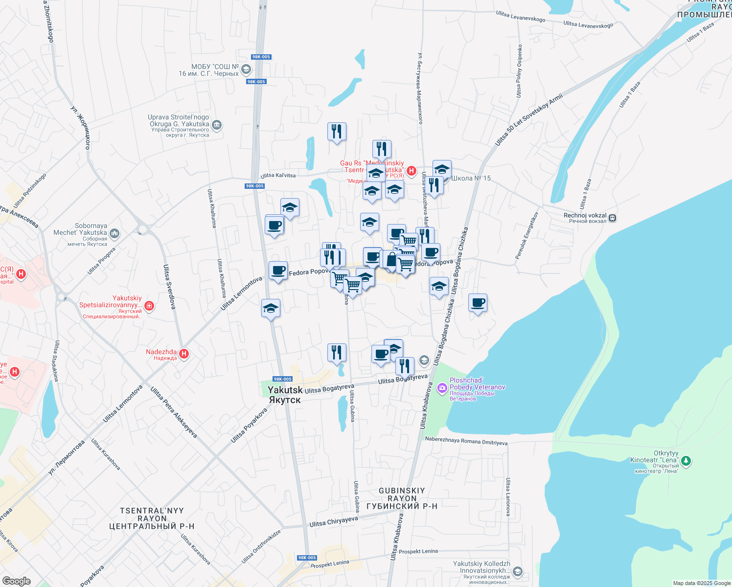 map of restaurants, bars, coffee shops, grocery stores, and more near 17 Ulitsa Fedora Popova in Yakutsk