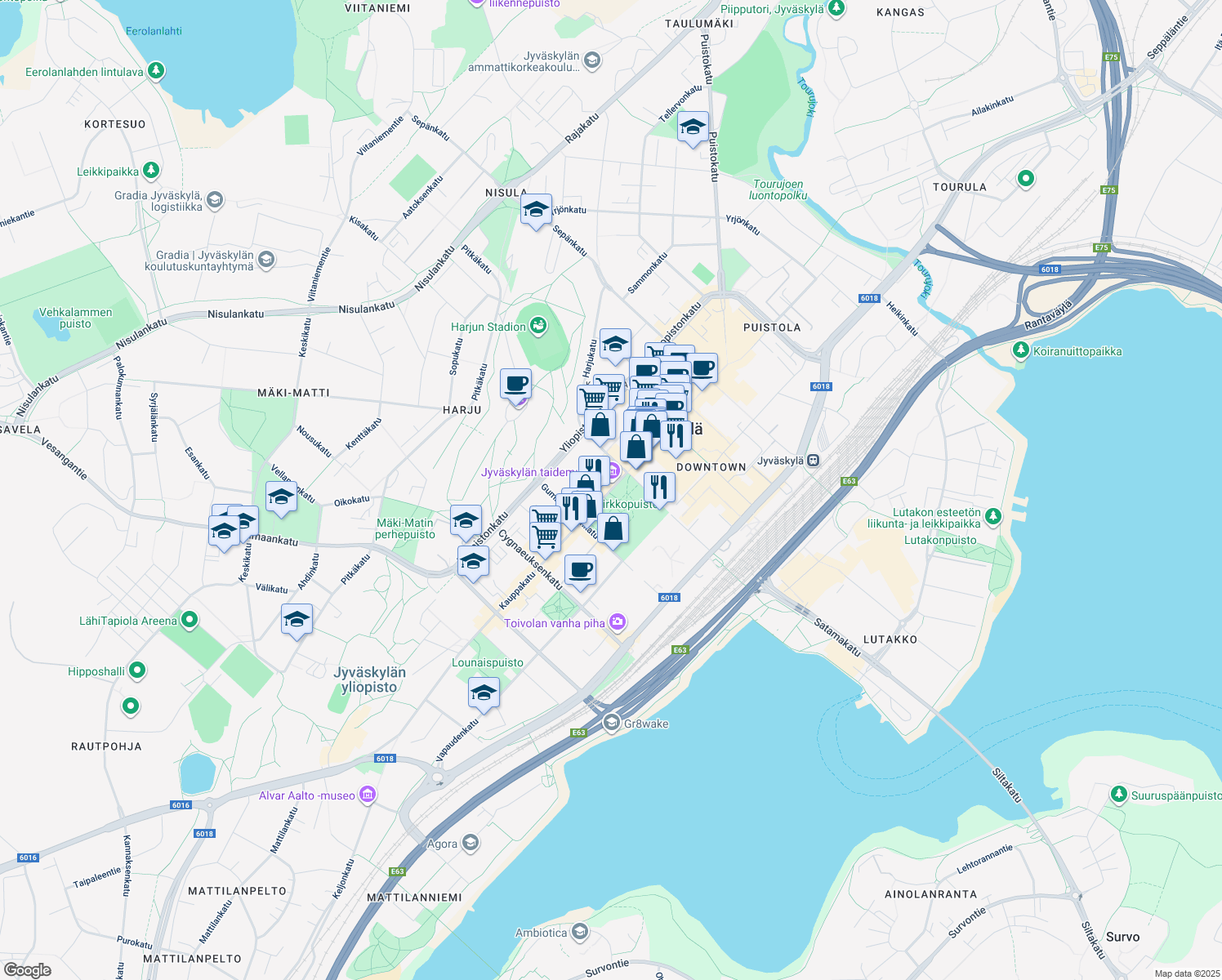 map of restaurants, bars, coffee shops, grocery stores, and more near in Jyväskylä